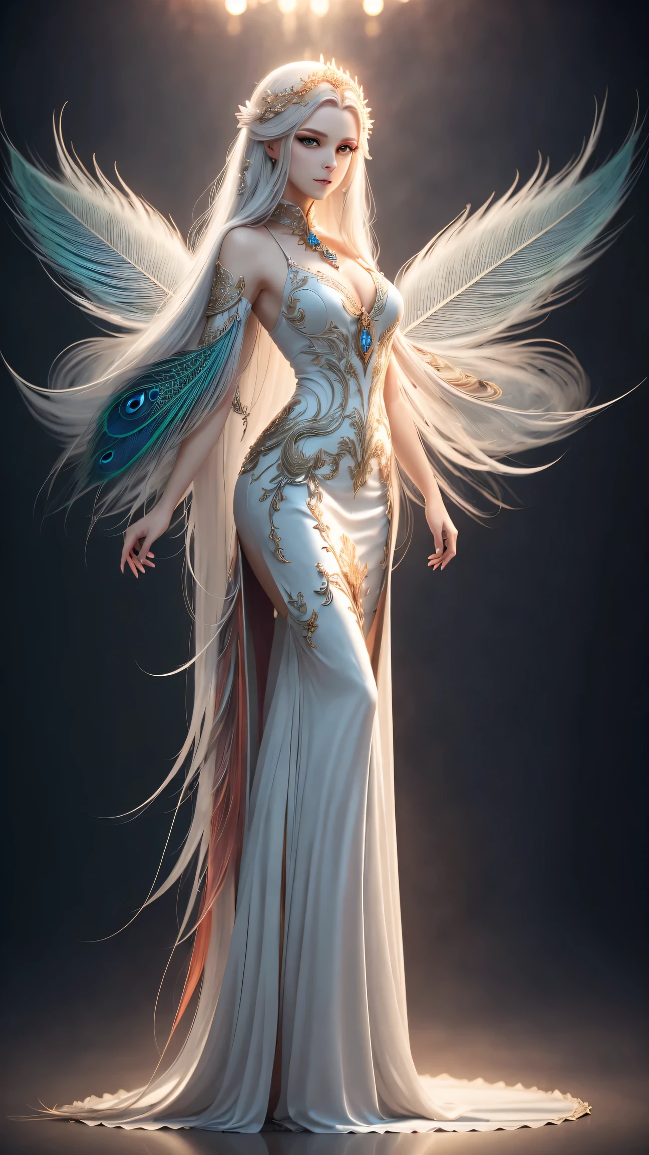 (Dynamic Angle:1.4), ((whole body posture:1.5), (rich and colorful:1.2), (极其细致的CG统一16kwallpaper:1.1), (Noise Removal Strength: 1.45), (masterpiece:1.37), ((official art)), top quality, wallpaper, original, (1 girl:1.35), (alone), full body lesbian, Dynamic, blue eyes, exquisite eyes, Peacock wings, (long hair), color tips, Colored inner hair, jewelry, Complex filigree, Feathers on dresses, Volumetric Lighting, Tyndall effect, Peacock feather, Light環, (masterpiece:1.35) [Peacock feather华丽连衣裙:(Peacock feather):0.85], (illustration), (depth of field), chiaroscuro, Light, Color difference, spark, Light线追踪, mix, super wide angle, F/1.8, Hasselblatt, Sony FE General Manager,