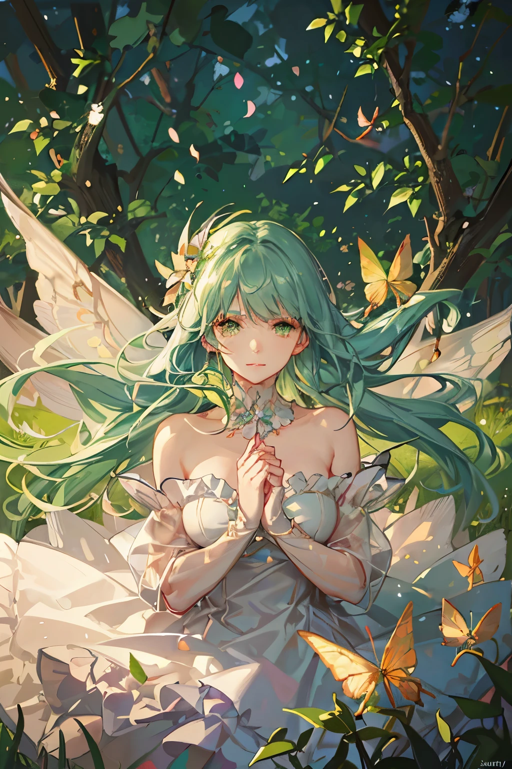 fantasy girl,detailed face,detailed eyes,lush green grass,abundant colorful flowers,soft sunlight,enchanted atmosphere,butterflies flying around,delicate petals floating in the air,ethereal beauty,harmonious colors,impressive level of detail,imagination and creativity,airy and dreamlike,soft and gentle,storytelling quality,best quality,ultra-detailed,realistic,bokeh