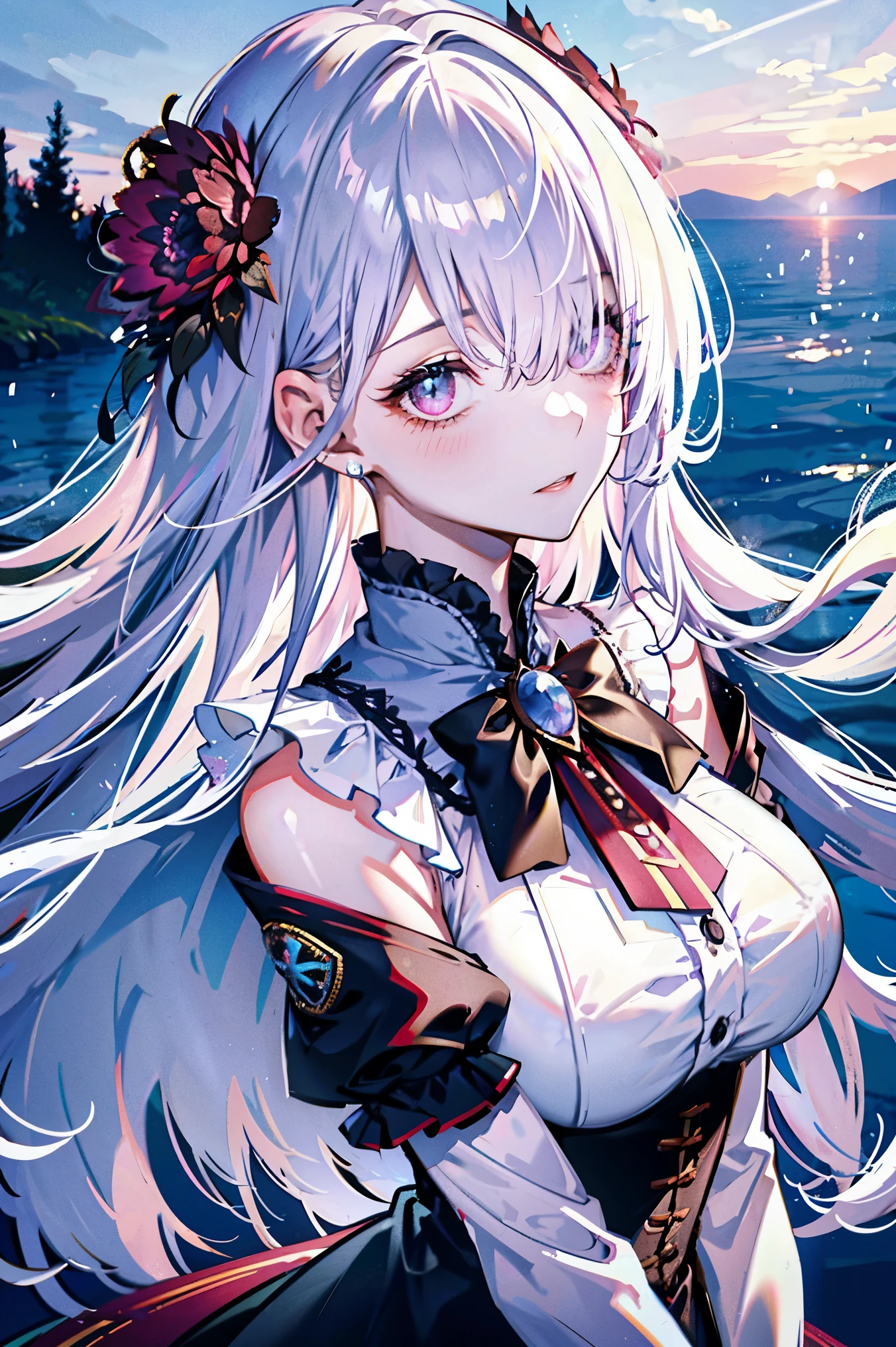 (best quality, Detailed background, high resolution, Ridiculous, bloom, disheveled hair, shiny hair, exposed to light, bright pupils, Focused and meticulous eyes),
1 girl, earpiece, long hair, silver hair, big deal_breast, Put your arms behind your back, daytime, Outdoor activities, Black Forest, water, creek,
hair_decoration, (hair over one eye), Upper body, portrait,