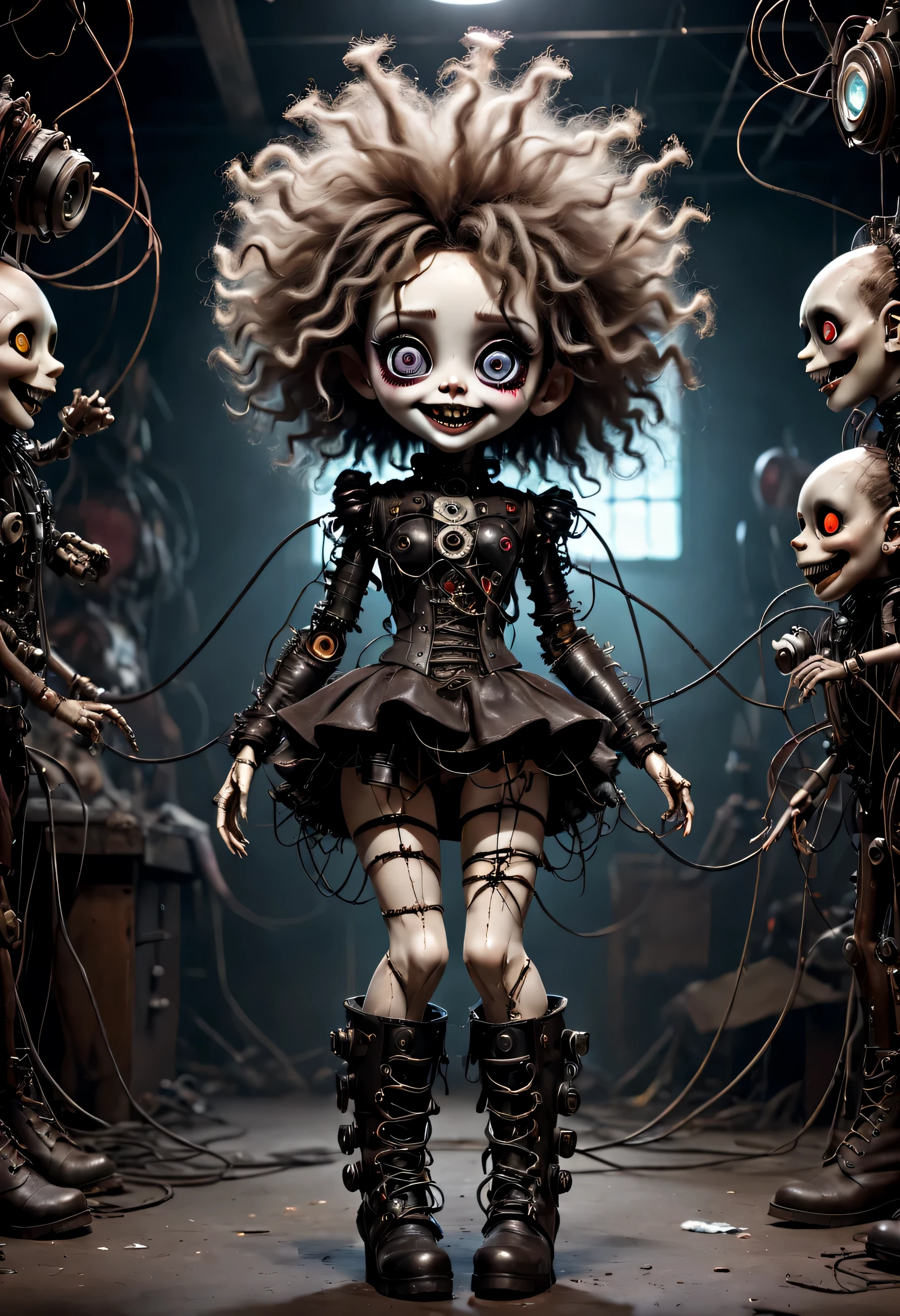 on stage,Possess human emotions and intelligence,scary mechanical doll,big eyes,dark eye makeup,Spooky smile,Mechanical joint,fluffy hAir,whole body,damaged leather boots,The arms are connected by many wires,under someone's control,Air,Metal skin decoration,dirty,tattered clothes,Rag clothes,glow