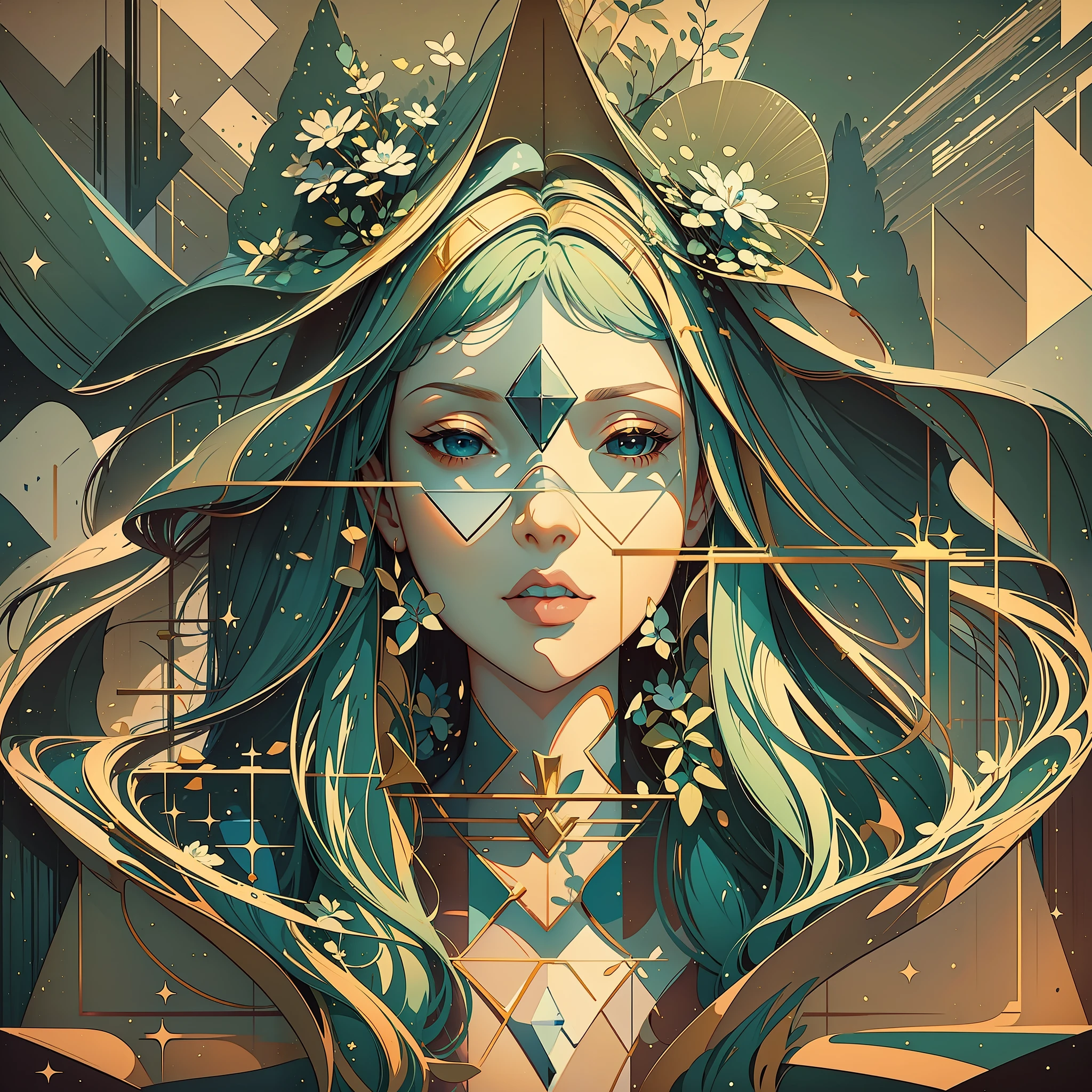 The avatar consists of simple geometric shapes,Graphic illustration,closeup cleavage,Fantastic installation style,Realistic and imaginative,pegging/pegging,Multi-layer collage,Highlight,Three-dimensional morphology