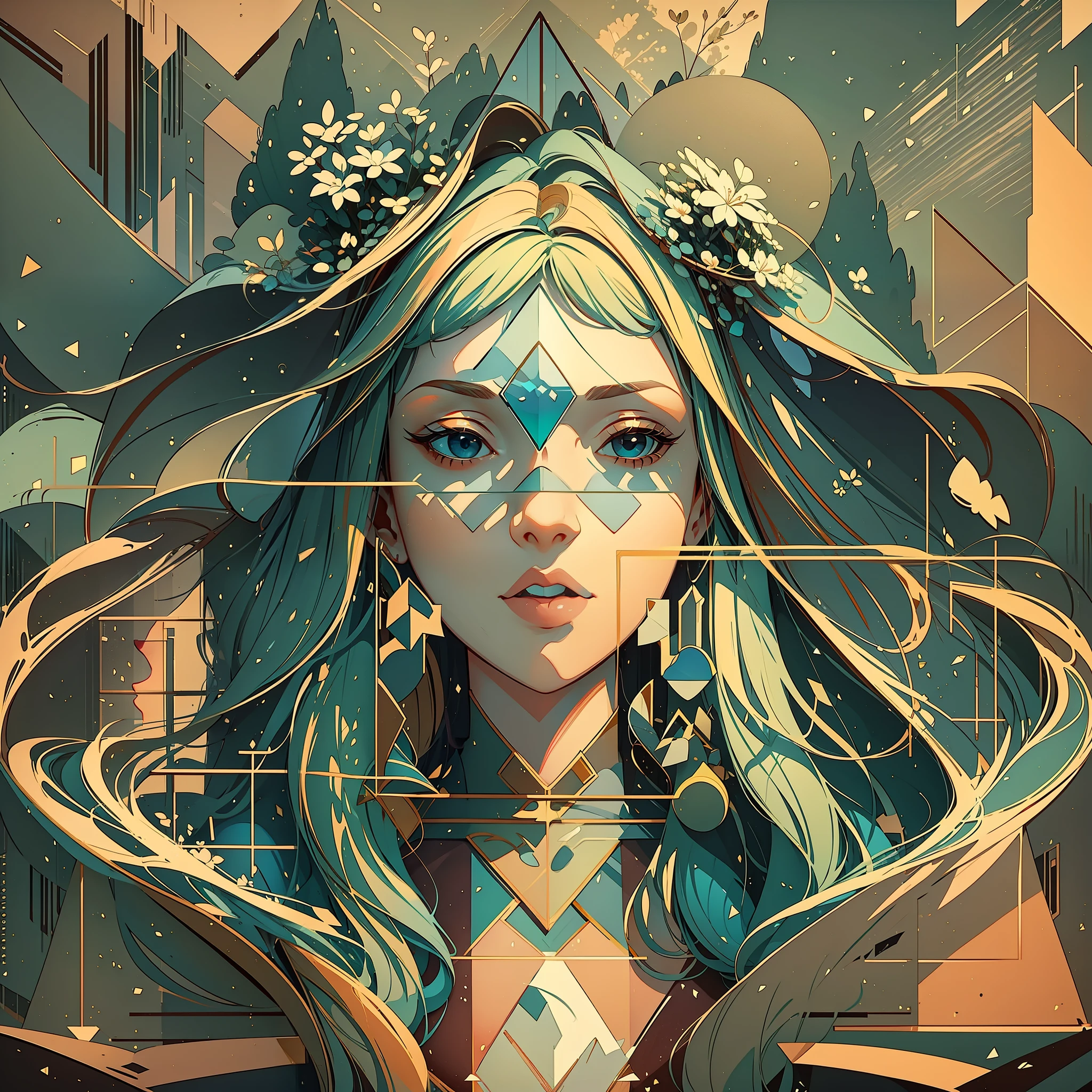 The avatar consists of simple geometric shapes,Graphic illustration,closeup cleavage,Fantastic installation style,Realistic and imaginative,pegging/pegging,Multi-layer collage,Highlight,Three-dimensional morphology