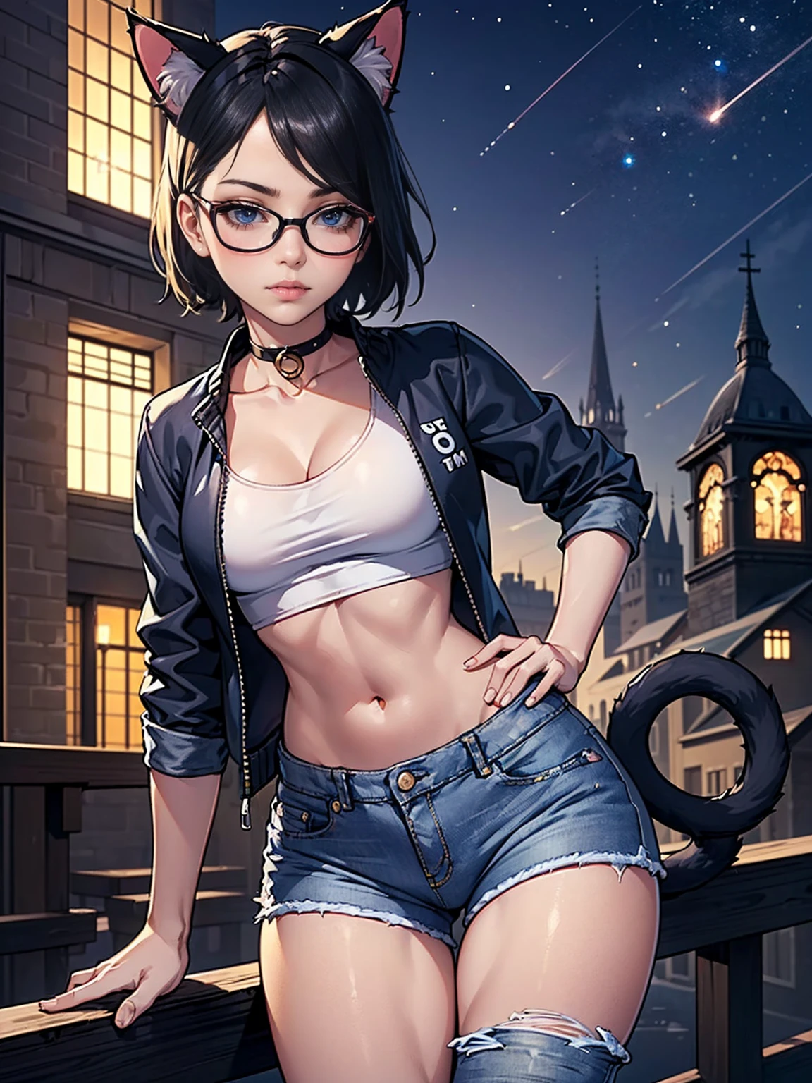 (1girl, solo, alone), (Sarada Uchiha, short hair, ((small breasts, black eyes)), red glasses), (( ((Extremely detailed, ambient soft lighting, 4k, perfect eyes, a perfect face, perfect lighting, a 1girl, animal ears, black thighs, (cat ears, cat's ear cat tail), closed mouth, collarbone, Covered, crop-top, facial mark, ((neck, jacket, mini short, short jeans, mini short jeans)), lips, looking to viewer, tail, Curvy hips, Lush, tights in a mesh)), standing on a tower, cityscape in the background with church, (starry night), crescent moon)),