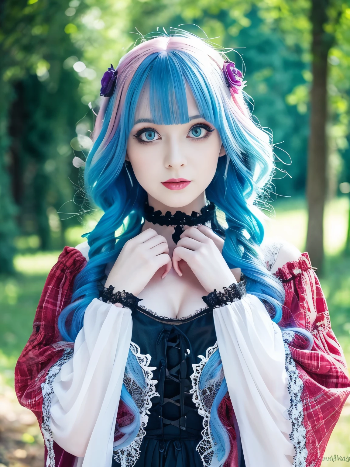 woman, mature,It has a very colorful and striking kawaii gothic style, outdoors, colored hair, pastel, masterpiece, beautiful, lush hair, gothic makeup, bright blue eyes