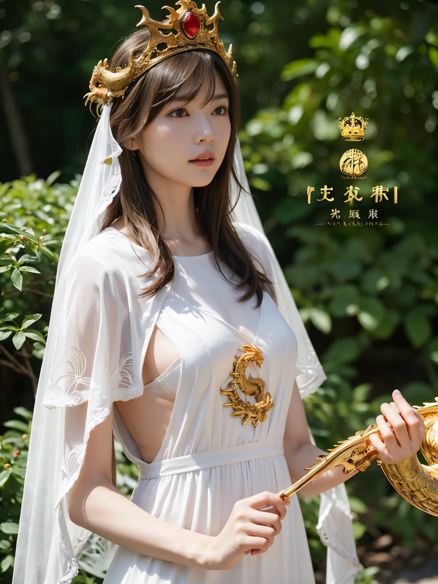 (((super weight milk)))、(A fierce battle with the dragon)、highest quality、masterpiece、ultra high resolution、(白Dragon Armor)、Dragon Armor、(wears a beautiful crown made of precious stones)、(Photoreal:1.4)、Raw photo、1 girl、golden hair、glowing skin、(((chinese dragon)))、(Expression like a gorgeous jewelry necklace)、(Fight against big dragons)、with a beautiful knife、(white metal bodysuit)、(beautiful forest background)、sheer cliff、(Small LED)、((Super realistic details))、Portrait、global illumination、shadow、octane rendering、8K、super vivid、big breasts、Raw skin exposed in cleavage、Metal、intricate ornamental details、japanese details、yellow eyes、shining eyes、facing the camera、neon detail mechanical limbs)、(Blood vessels connected to the ductechanical vertebrae attached to the back、mechanical cervical vertebrae)Worn on the neck、(Wires or cables connected to the head)、Mechanical thigh、two stock、(Hands are also machine made)、(veil)、