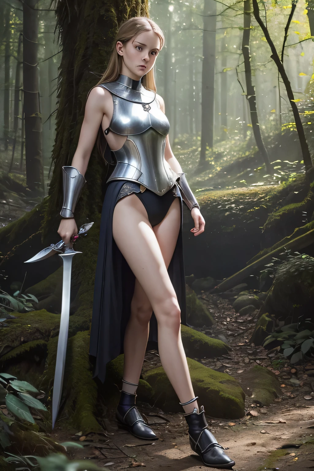 (photo realistic:1.4), (hyper realistic:1.4), (realistic:1.3),whole body,medieval europe,Fight,(metal breastplate),thin,woman,,No sleeve, whitened skin, in the forest,black shoes,sword,girl,(legs without stockings),Lower body white swimsuit,blue eyes,lively eyes,