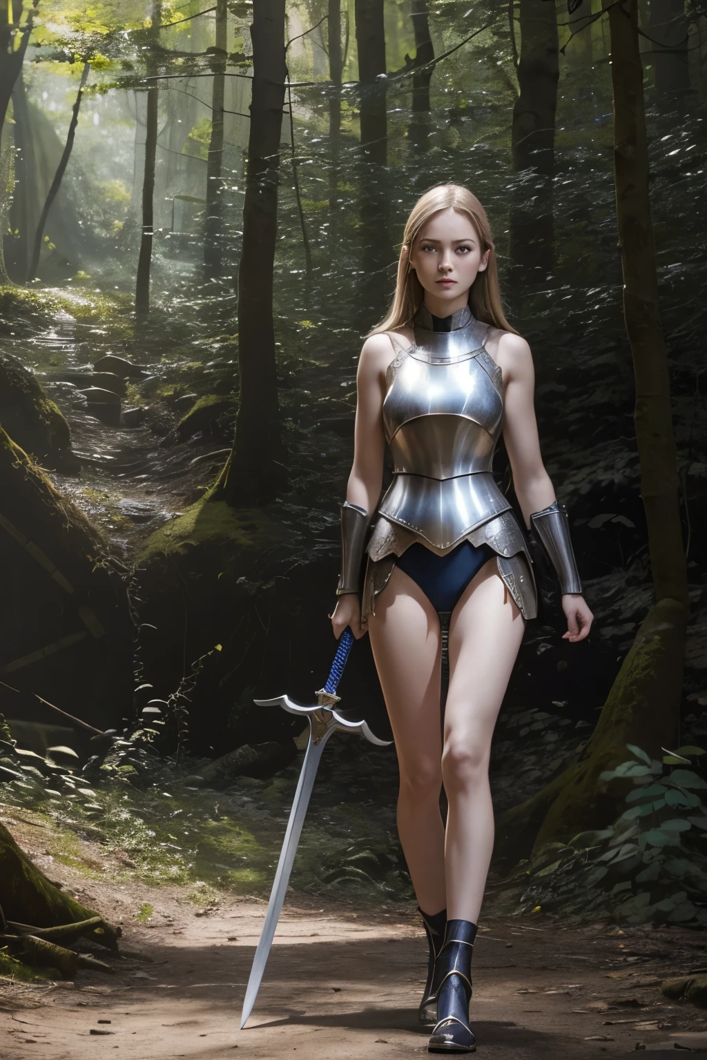 (photo realistic:1.4), (hyper realistic:1.4), (realistic:1.3),whole body,medieval europe,battle,(metal breastplate),thin,woman,,sleeveless, whitened skin, in the forest,black shoes,sword,girl,(legs without stockings),Lower body white swimsuit,blue eyes,lively eyes,