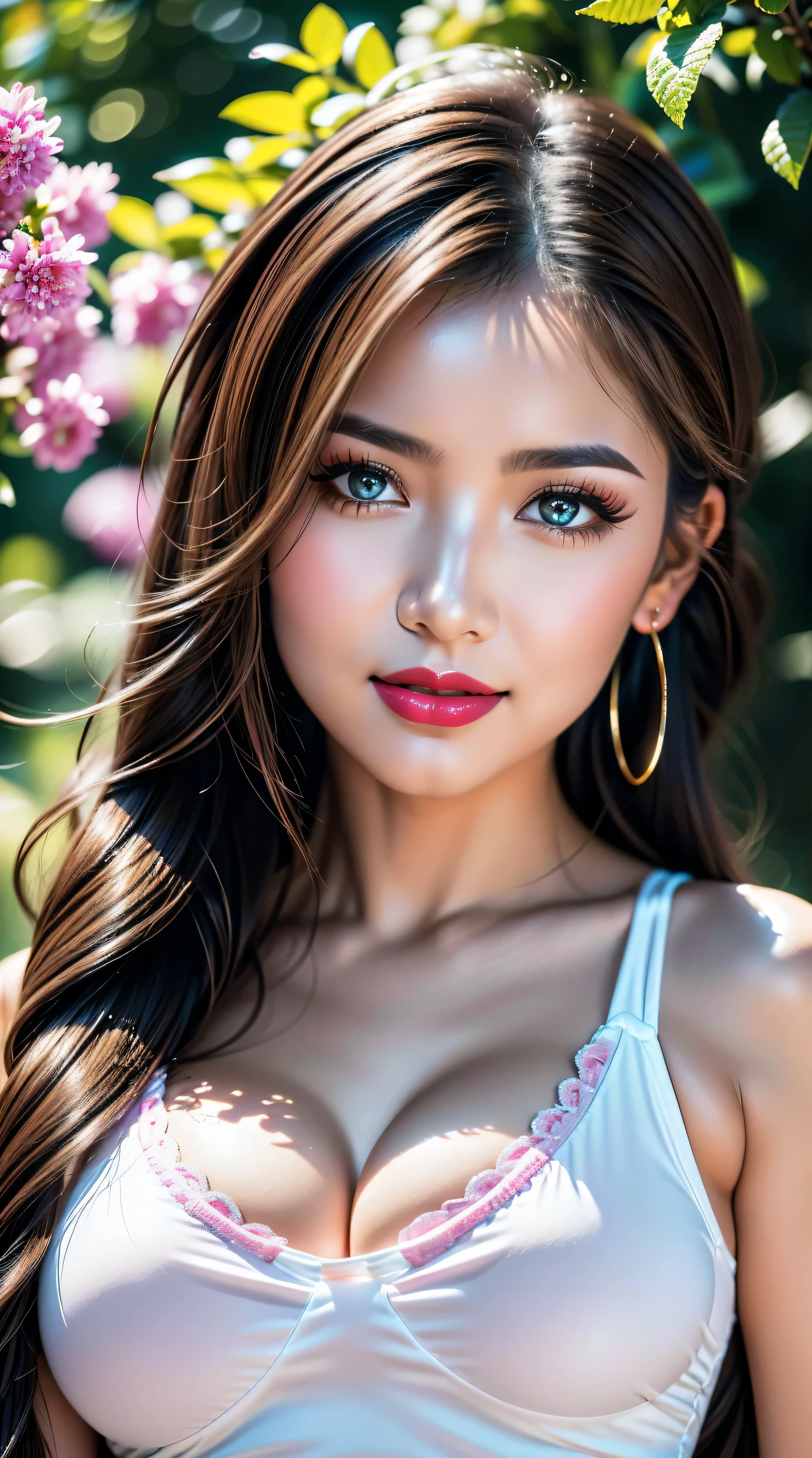 Divide Ratio : 1,1,1 Base Ratio : (a girl in a garden:1.1),(Extremely Detailed of a very beautiful face),(high quality:1.4),(photo realistic:1.45),(Hyper-realistic:1.45),(sharp focus),32k Hyper resolution,(vivid colors), beautiful Extremely Detailed lips,(red_lipstick:1.3),BREAK ((hair is a different color than eyes, dynamic random fancy, professional hairstyles:1.33)),(physically-based rendering flowers in the background:1.3) soft sunlight,BREAK beautiful Extremely Detailed eyes (brown_eyes:1.3) close up of a woman's eye with a digital rendering,BREAK (long blue_eyelashes:1.15),BREAK (pink_makeup:1.25),BREAK very wet (white tanktop:1.3),((firm normal full breasts:1.55)),greenery,relaxed expression,dainty jewelry,friendly atmosphere,detailed background,harmonious colors,subtle shadows,peaceful ambiance,gentle breeze,faint sunlight,lush garden,beautiful flowers,delicate features,vibrant eyes,rosy cheeks,bright and beautiful smile,gleaming white teeth,((open mouthed:1.3)),