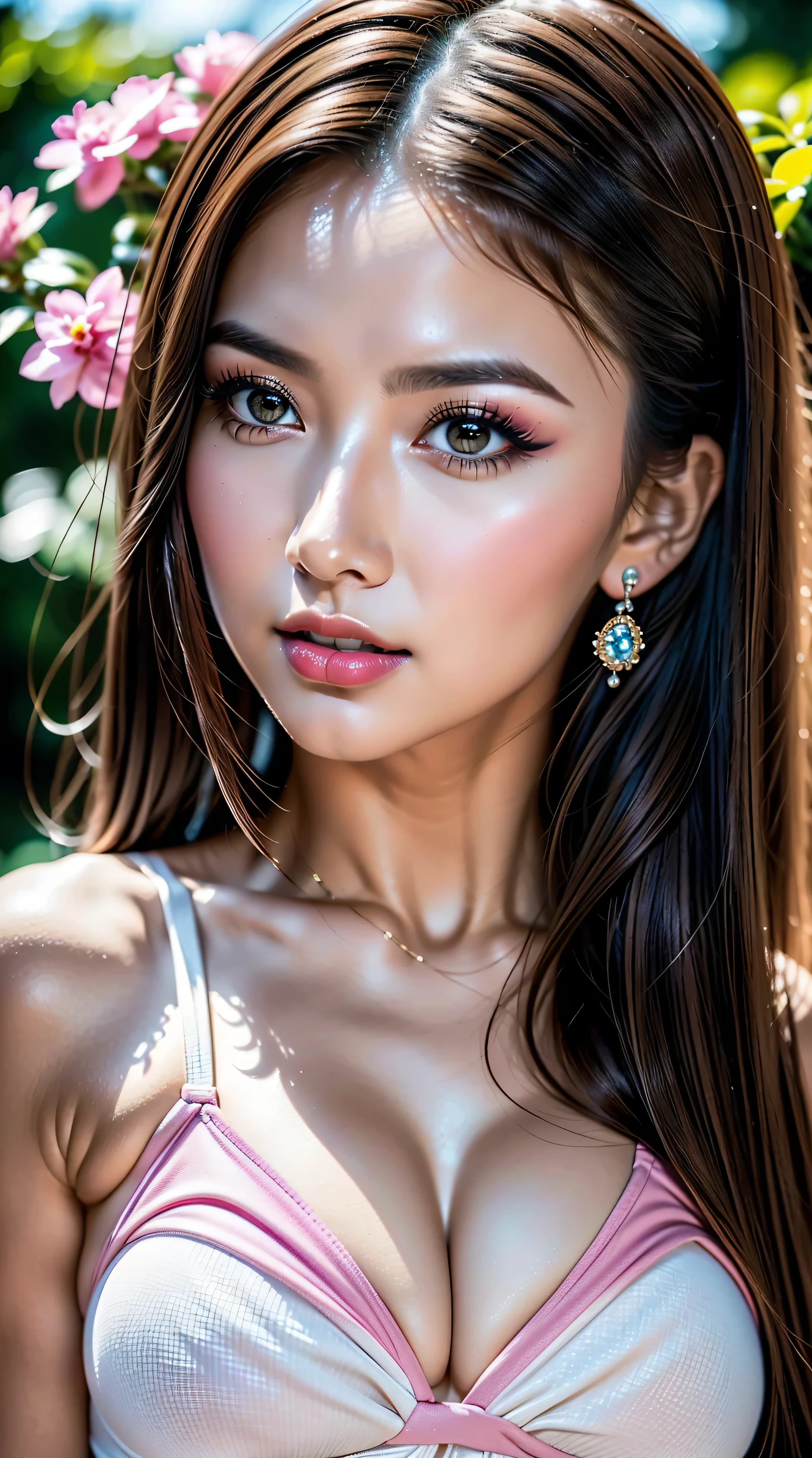 Divide Ratio : 1,1,1 Base Ratio : (a girl in a garden:1.1),(Extremely Detailed of a very beautiful face),(high quality:1.4),(photo realistic:1.45),(Hyper-realistic:1.45),(sharp focus),32k Hyper resolution,(vivid colors),Dramatic lightning,beautiful Extremely Detailed lips,(red_lipstick:1.3),BREAK ((hair is a different color than eyes, dynamic random fancy, professional hairstyles:1.33)),(physically-based rendering flowers in the background:1.3),BREAK beautiful Extremely Detailed eyes (brown_eyes:1.3) close up of a woman's eye with a digital rendering,BREAK long blue_eyelashes:1.17 BREAK (pink_makeup:1.25),BREAK Soaking Wet Clothes (white tanktop:1.3),((firm normal full breasts:1.55)),greenery,relaxed expression,(dainty jewelry),friendly atmosphere,detailed background,harmonious colors,subtle shadows,peaceful ambiance,gentle breeze,lush garden,beautiful flowers,delicate features,vibrant eyes,rosy cheeks,bright and beautiful smile,gleaming white teeth,((open mouthed:1.3)),