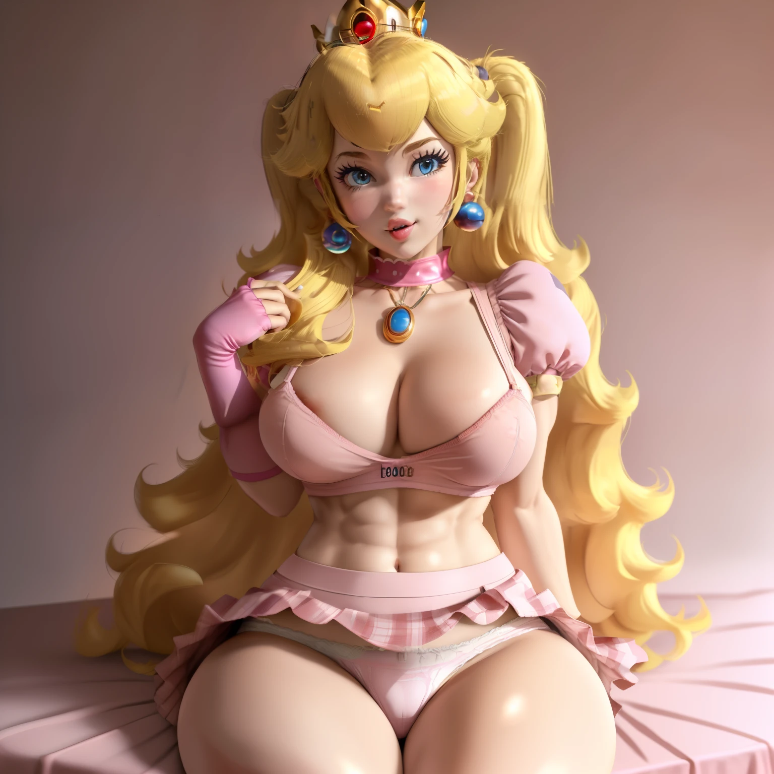 masterpiece, best quality, 4k, high res, detailed, cartoon, cartoon artstyle, anime,, 1girl, solo, long hair, looking at viewer, smile, blue eyes, blonde hair, gloves, white background, dress, jewelry, sitting, earrings, elbow gloves, puffy sleeves, white gloves, puffy short sleeves, lips, crown, pink dress, princess peach,(30 years old:1.3), (dom girl, dominatrix uniform:1.3), busty, (very large tits:1.2), (muscular, strong muscles, abs, biceps, triceps:1.2), hourglass figure, massive breasts, revealing corset, (((visible nipples))), wearing a very low cut top, corset, transparent outfit, dominatrix, (extreme detail, best quality, 8k:1.3), submissive pose, alluring pose, confident pose, ((panties under skirt, cameltoe))