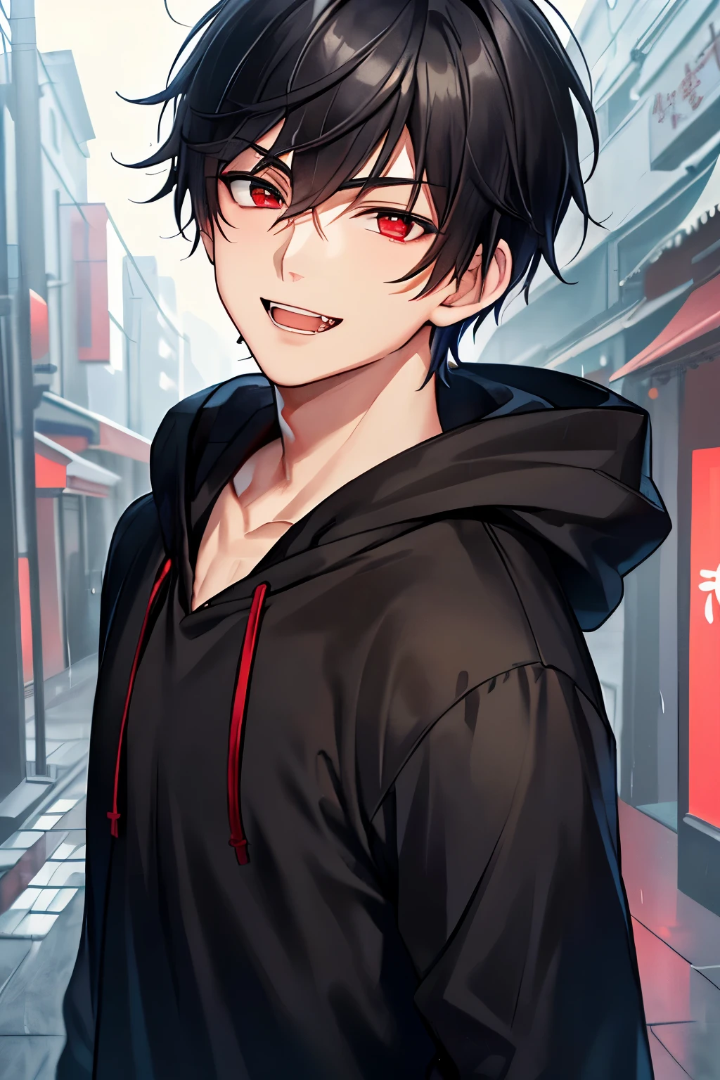 Best quality, More details, Mastery, 1boy , young boy,, Solo, bangs, view the viewer, Hood, Short hair, rain, tokyo tokyo \(tmasterpiece，Best quality at best，1 boy, smile and fangs, , black hair and red eyes, wearing a black shirt, night, quite alley, badass, close up Ultra Detail,Haig Quality,sketch,1boy,matured male,Beautiful face