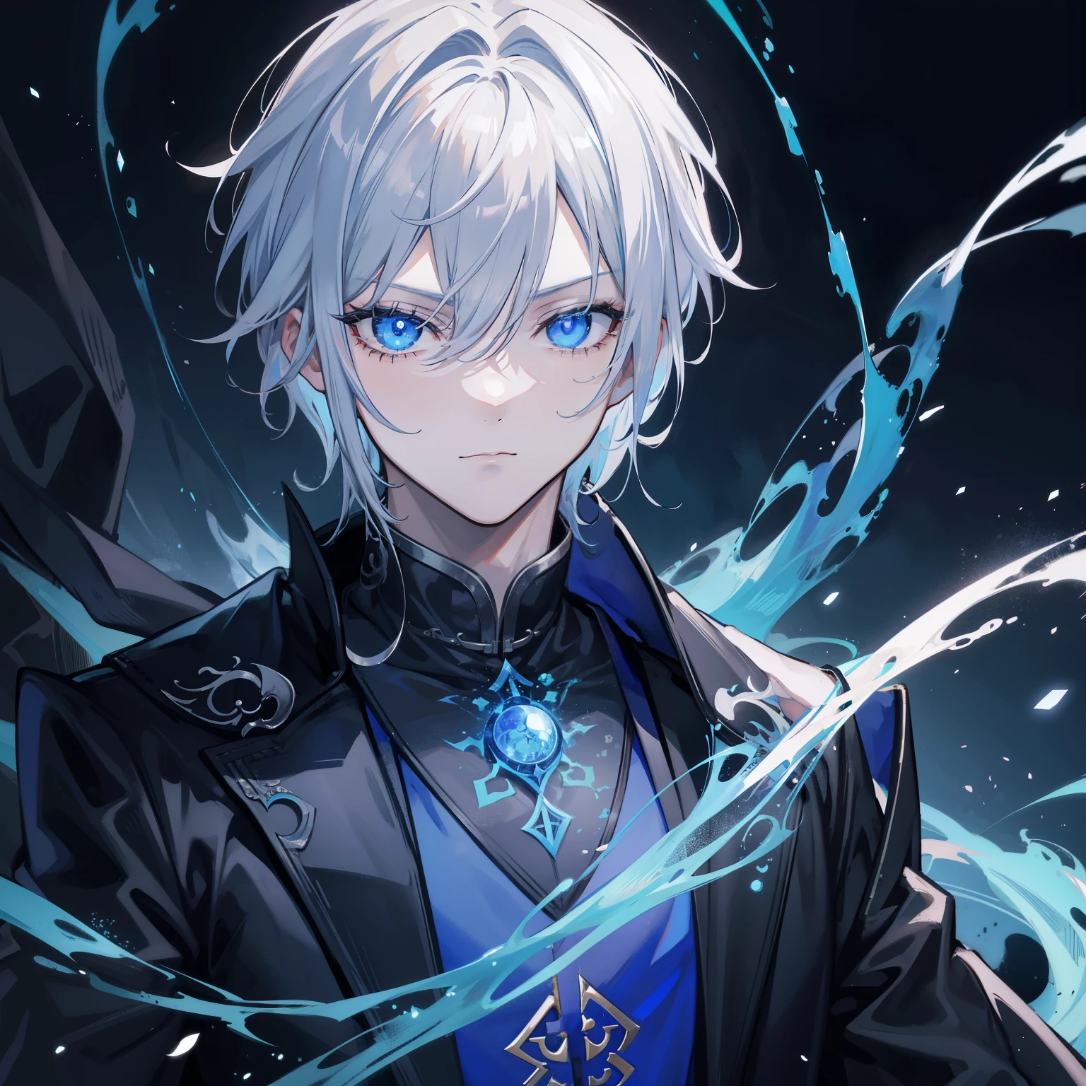 {[{{"Magnificent dark atmosphere, 4k artwork of man with gray hair and glowing blue eyes, short-haired,China Feng Shui Expert,."}]}}