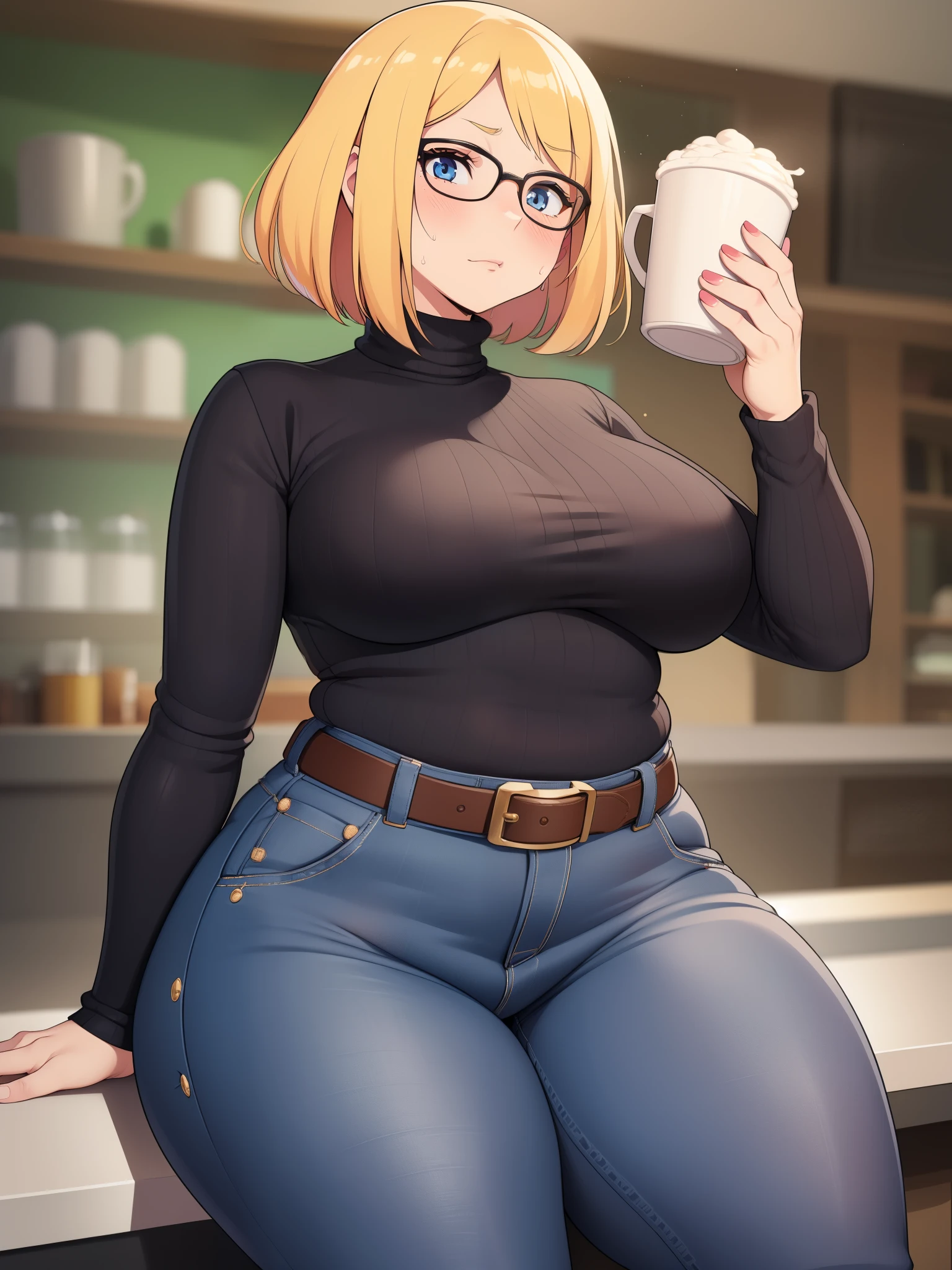 ((Masterpiece)), perfect anatomy, perfect shading, field of depth, (best quality), extremely delicate and beautiful, perfect lighting, detailed face, ultra cute face, cute, (cowboy shot 1.2), turned to the side, (((1girl))), ((solo)), looking at viewer,
short hair, fluffy hair, blonde hair, blue eyes, Glasses, ((Blush)), shy, nervous, sweating, (black turtleneck sweater 1.5), (jeans 1.2), belt, extremely tight clothes, large breasts, ((wide hips)), ((thick thighs)), ((chubby)), chubby belly
coffee shop, sitting, intricate background, detailed background,