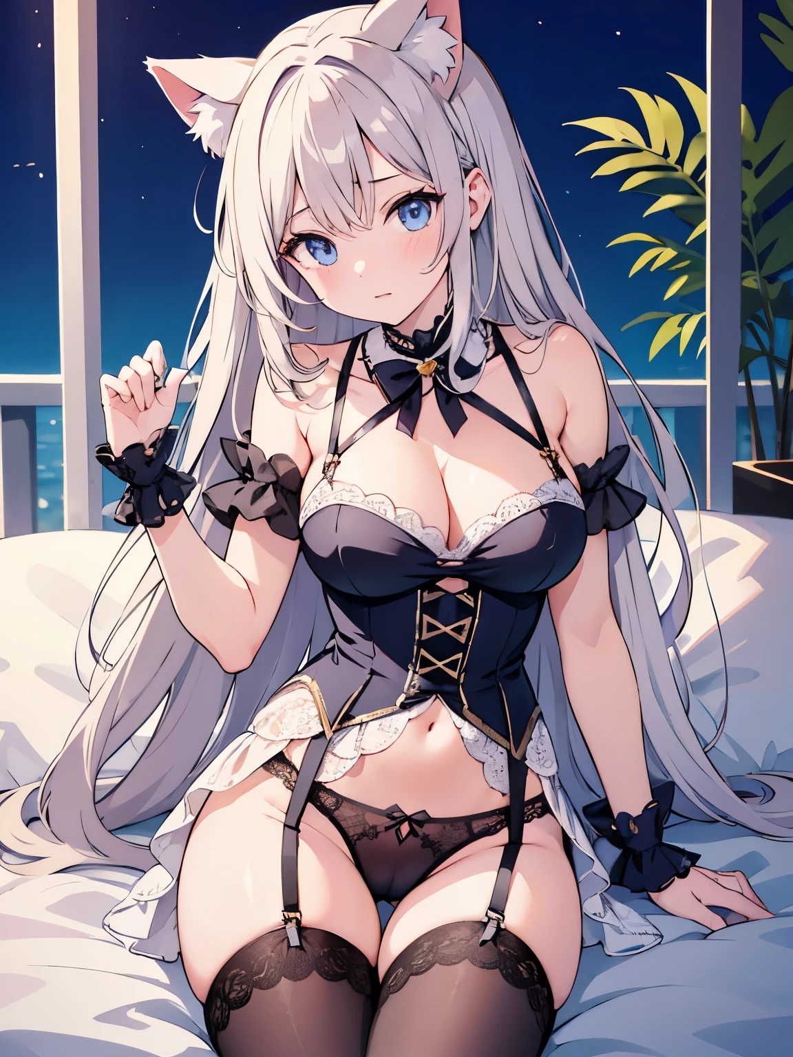 Top quality, super high resolution, beautiful eyes, cat ears (same color as hair), cat tail (same color as hair),garter_straps garter_belt cleavage