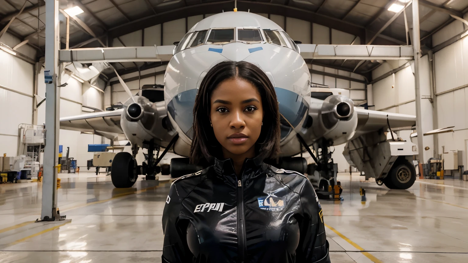 black woman, working hangar, on airplane maintenance, rosto perfeito, foto realista, epic composition, advertising scene, ((melhor qualidade)), ((obra de arte)), (detalhado), illuminated with 3 light points 8k resolution, Canon EOS R5, 50mm