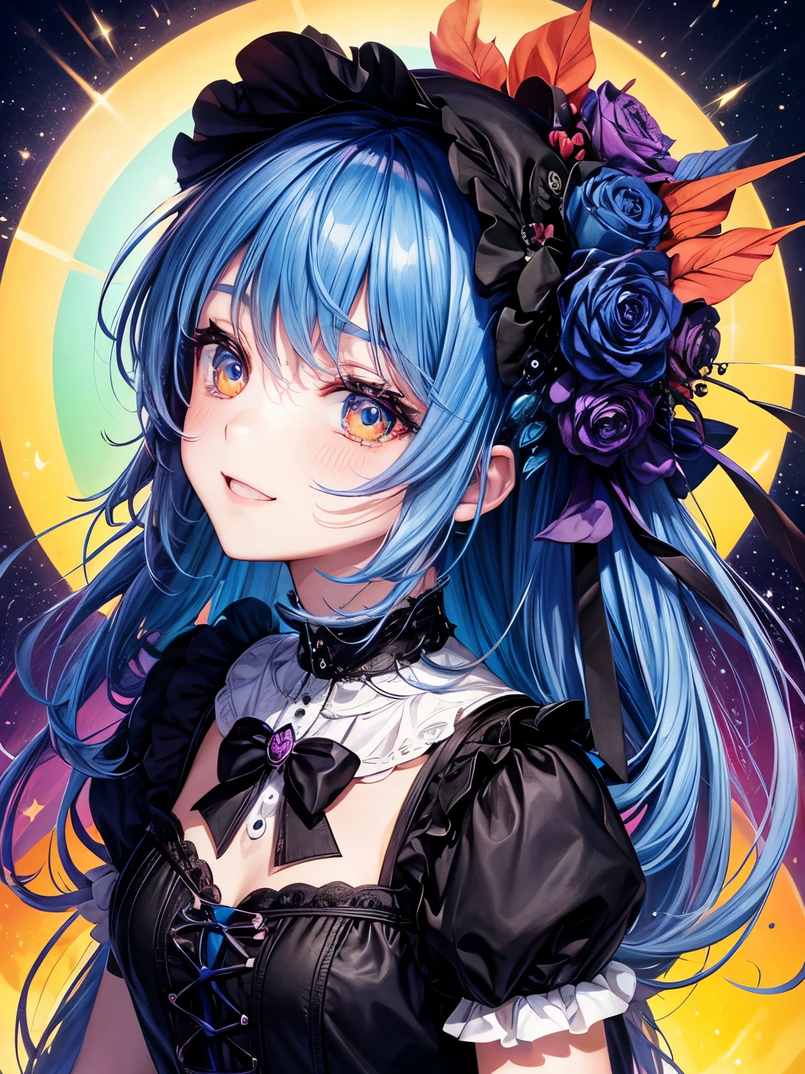 woman ,It has a very colorful and striking kawaii gothic style, outdoors, rainbow hair, pastel, masterpiece, beautiful, lush hair, gothic makeup, bright eyes, cute smile, skinny