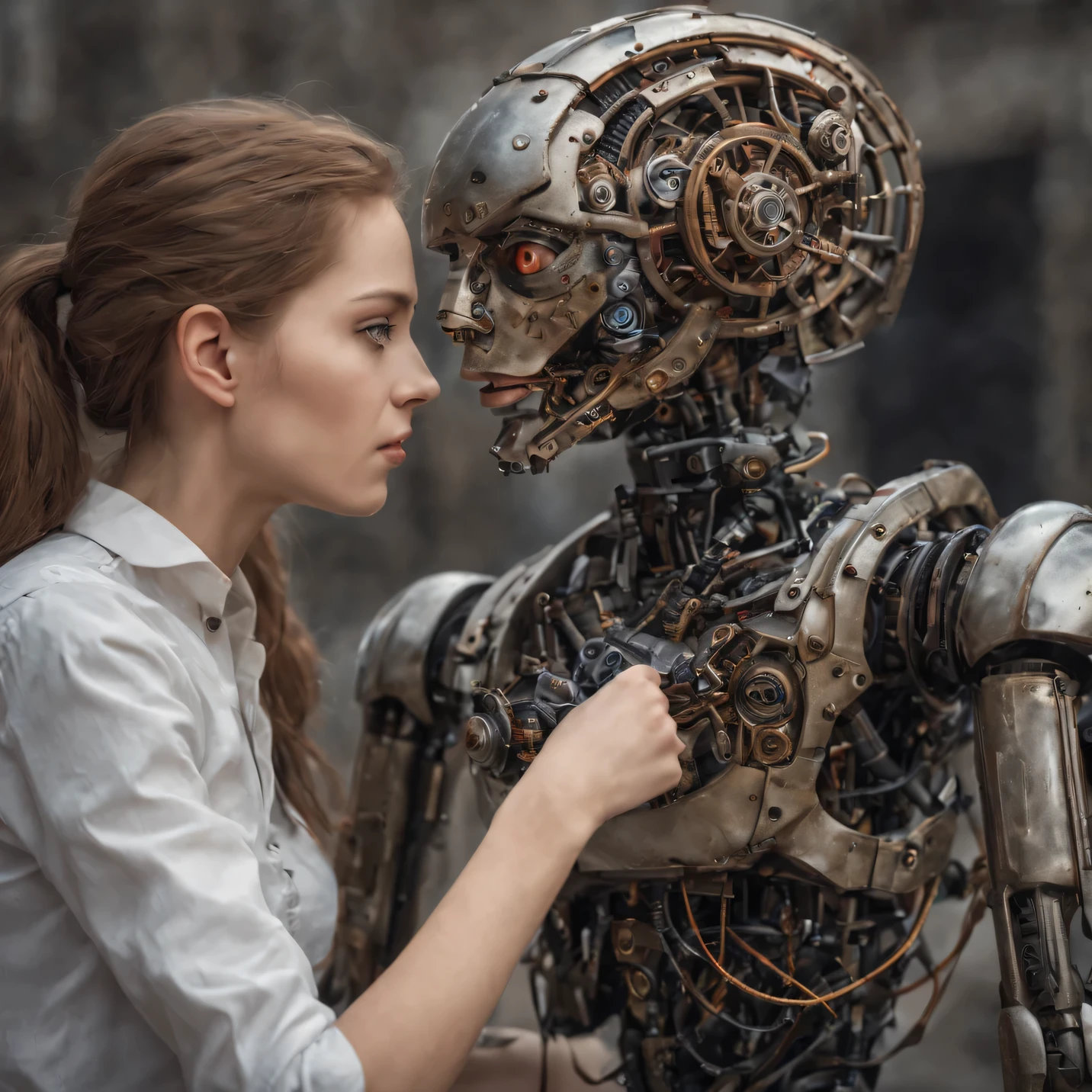 cinematic photo  in the style of H.R. Giger, biomechanical elements, detailed shading, surreal atmosphere.
woman with eraserhead, hugging young boy . 35mm photograph, film, bokeh, professional, 4k, highly detailed