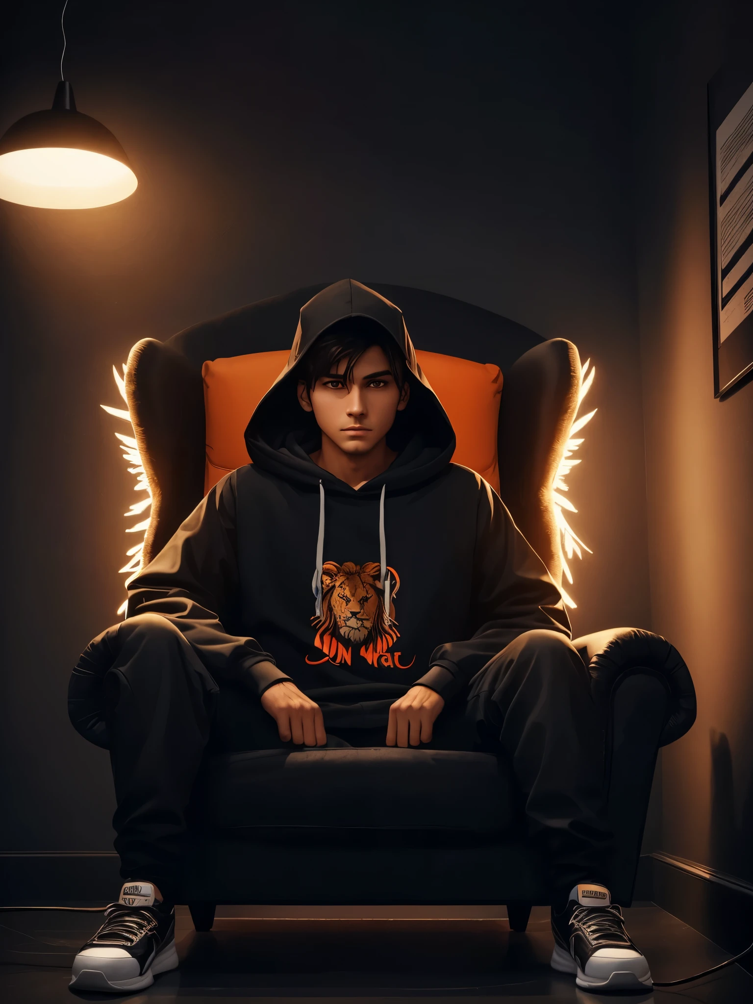 Create a 3D illusion for a profile picture where a 24 Year beautiful girl in a black hoody Sitting casually in a lion side on a Wingback chair. Wearing sneakers, he looks ahead. The background features “JAY” in big and capital Orange neon light fonts on the dark grey wall. There should not be his shadow, and there are wings to make it appear as if he is an angel