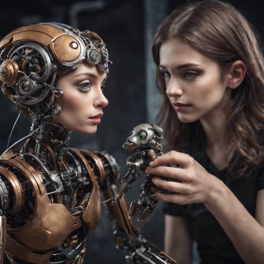Realistic photo, sci-fi, mechanical female puppet, beautyful mechanical female, human young man playing with toy (with beautyful mechanical female creature puppet), very detailed, HDR, raw photo, 8k, dof,