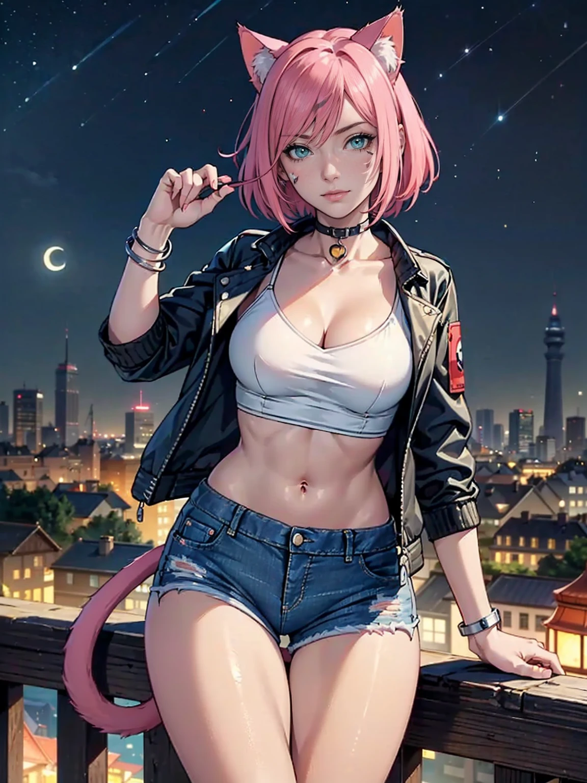 (1girl, solo, alone), (haruno sakura, short hair, ((small breasts, green eyes)), pink hair, forehead mark, bracelets), (( ((Extremely detailed, ambient soft lighting, 4k, perfect eyes, a perfect face, perfect lighting, a 1girl, animal ears, black thighs, (cat ears, cat's ear cat tail), closed mouth, collarbone, Covered, crop-top, facial mark, ((neck, jacket, mini short, short jeans, mini short jeans)), lips, looking to viewer, tail, Curvy hips, Lush, tights in a mesh)), standing on a tower, cityscape in the background with church, (starry night), crescent moon)),