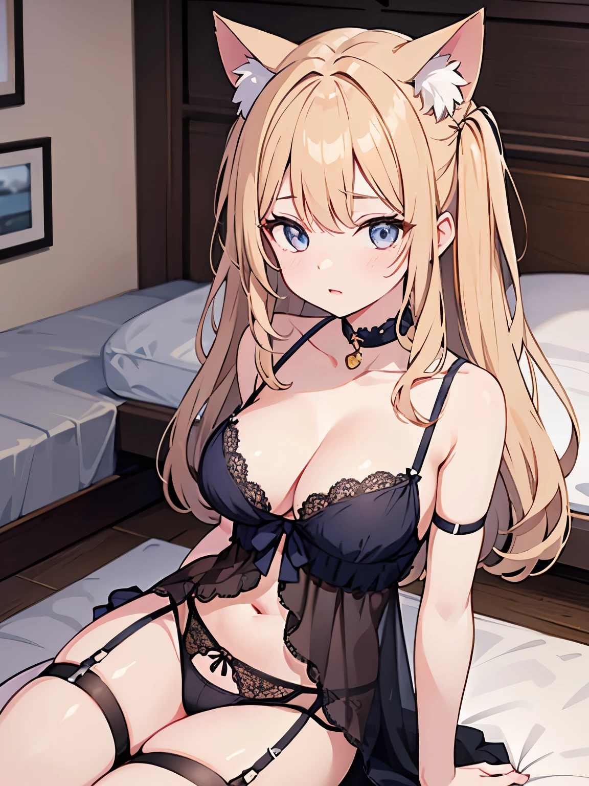 Top quality, super high resolution, beautiful eyes, cat ears (same color as hair), cat tail (same color as hair),garter_straps garter_belt cleavage, doll, on bed
