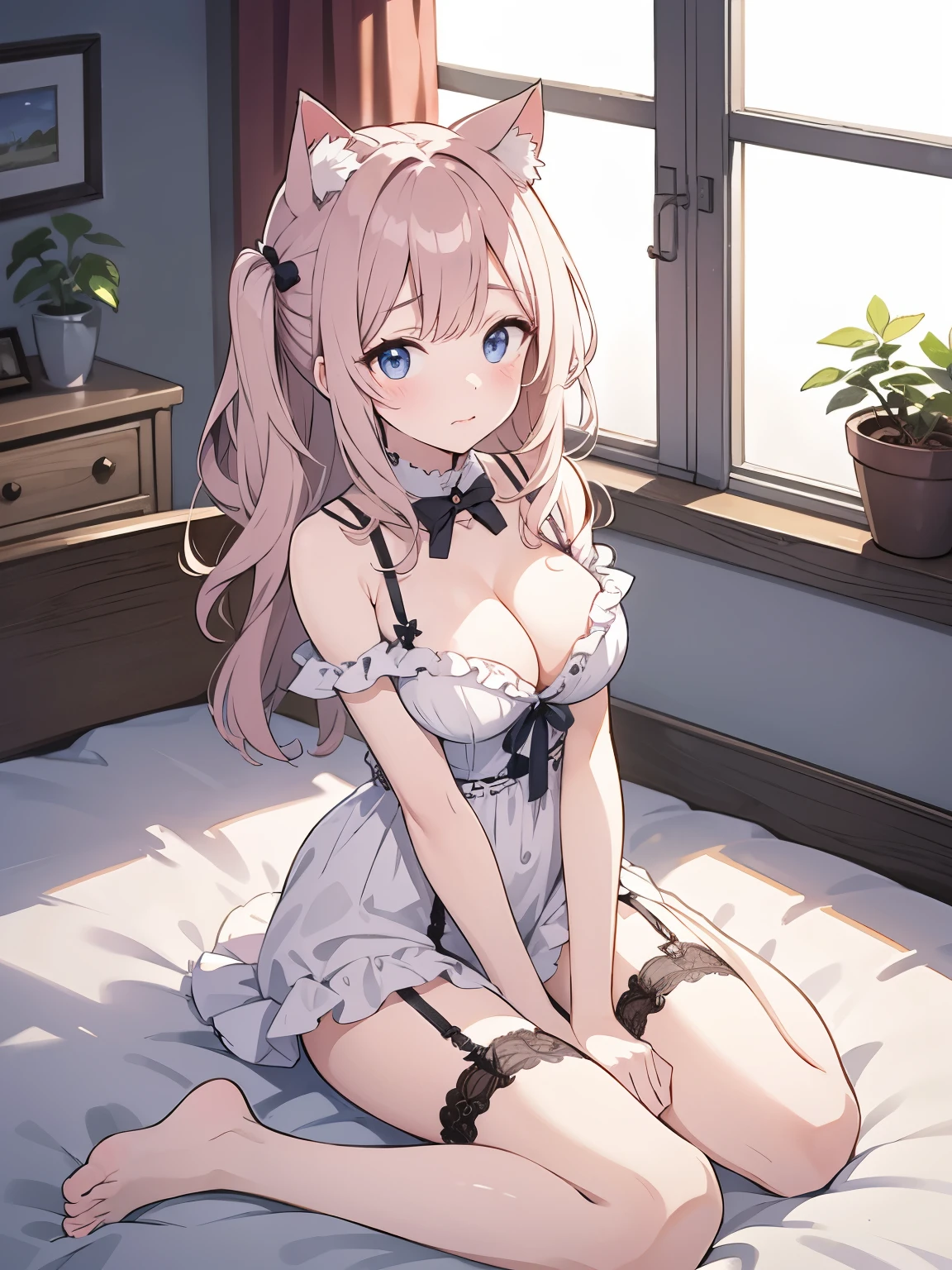 Top quality, super high resolution, beautiful eyes, cat ears (same color as hair), cat tail (same color as hair),garter_straps garter_belt cleavage, doll, {embarrassed},on bed,wariza,yokozuwari,hand between legs,sitting,