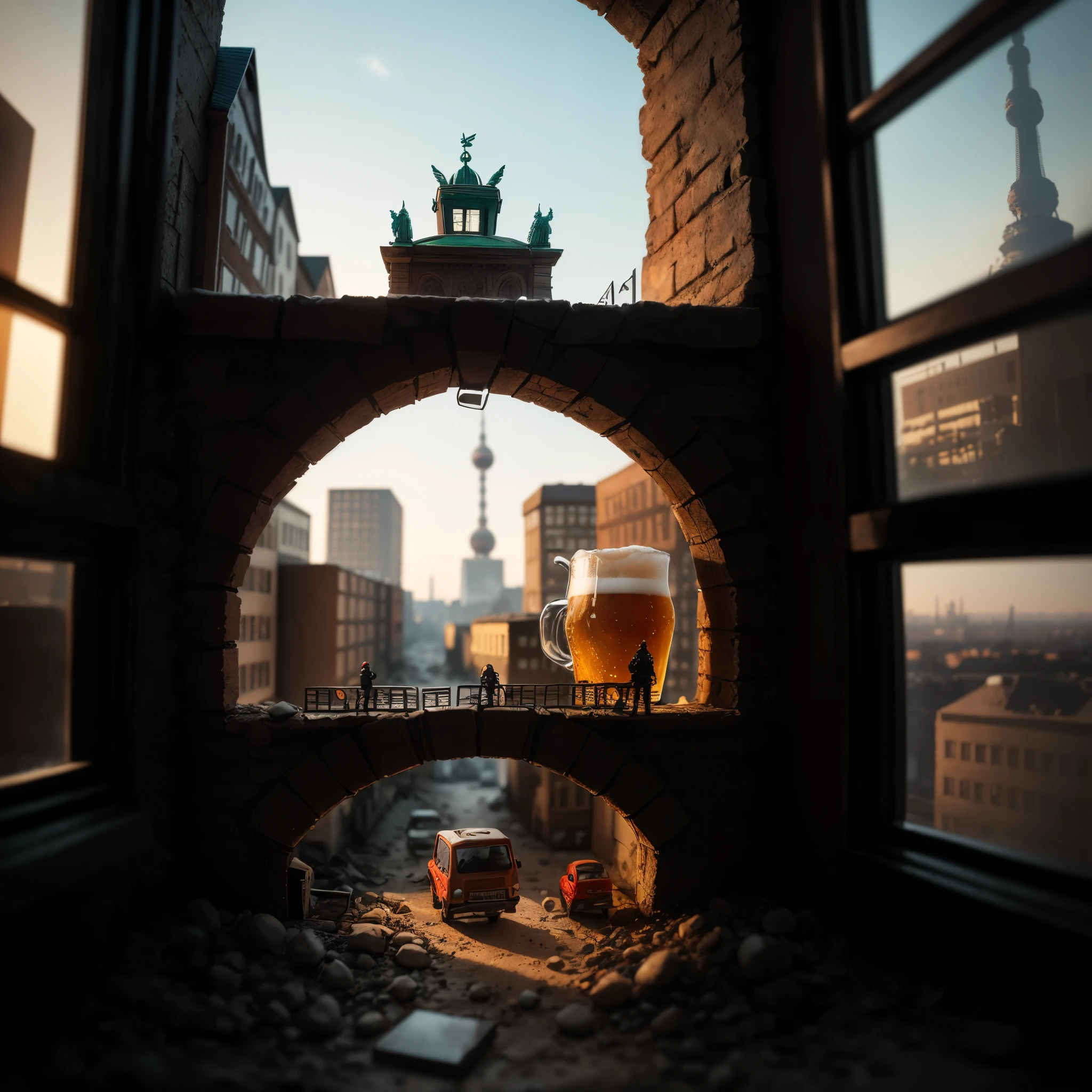 city of Berlin Brandeburg Gate tucked inside a beer mug, placing on the windowsill, extremely detailed, 8K, apocalyptic punk style, miniatures, macro photography in close-up 