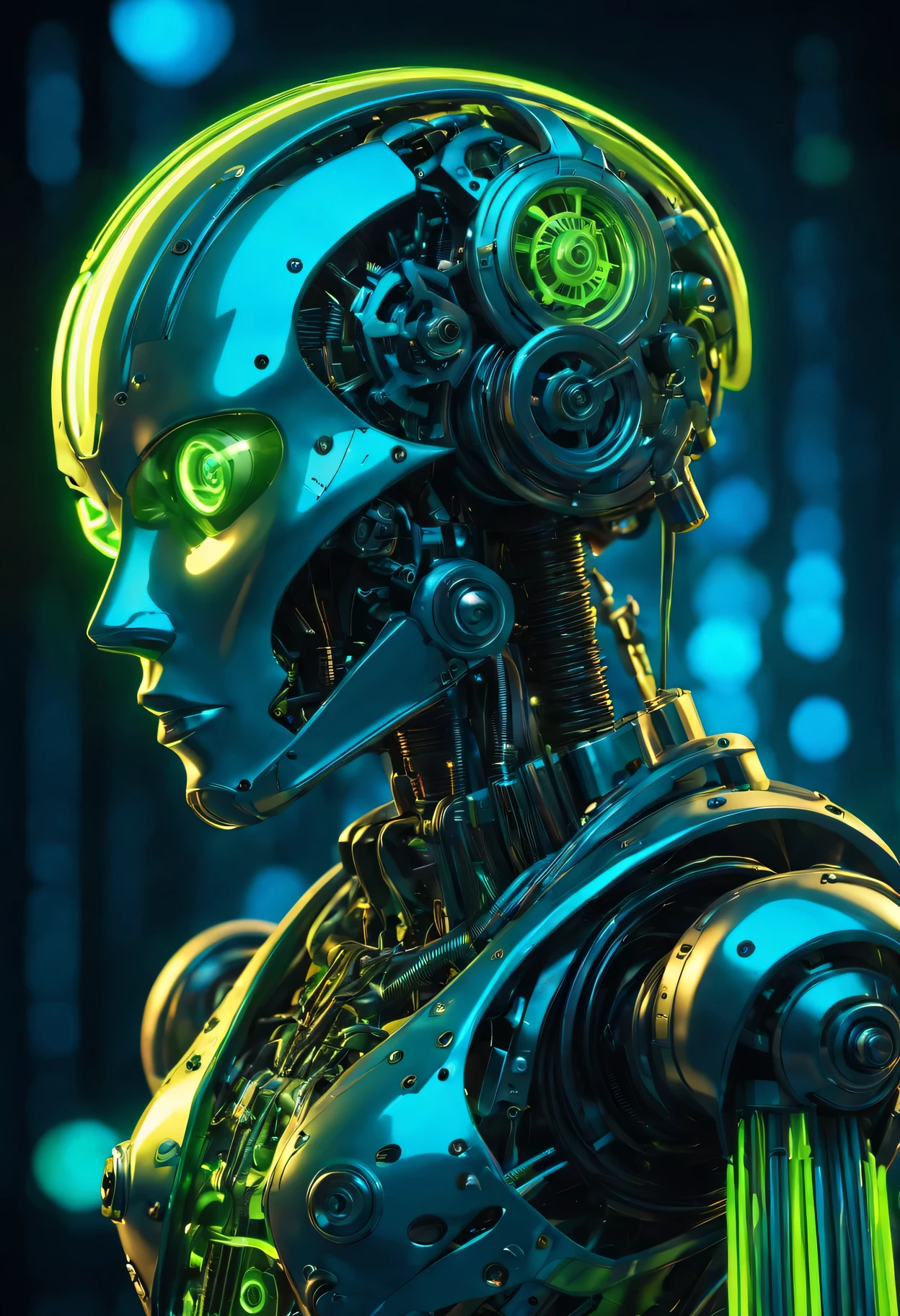 (biology, Very detailed, Futuristic mechanical puppet),(Metallic, shiny surface, reflective), (Mechanical joint, Exposed gears), (glowing neon lights, bright colors),(high resolution, best quality),(science fiction, concept art),(Cool blue tones, Neon green accents),(dramatic lighting, Shadows add depth).