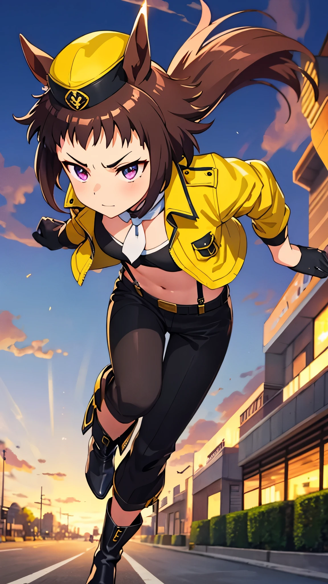 bestquality,4k,anime,1girl,Byerley Turk,1horse tail,original art,ear ornament, garrison cap, black gloves, white neckerchief, crop top, bandeau, long sleeves, yellow jacket, cropped jacket, open jacket, open clothes, suspenders, black pants, black footwear, high heel boots,running,squint 