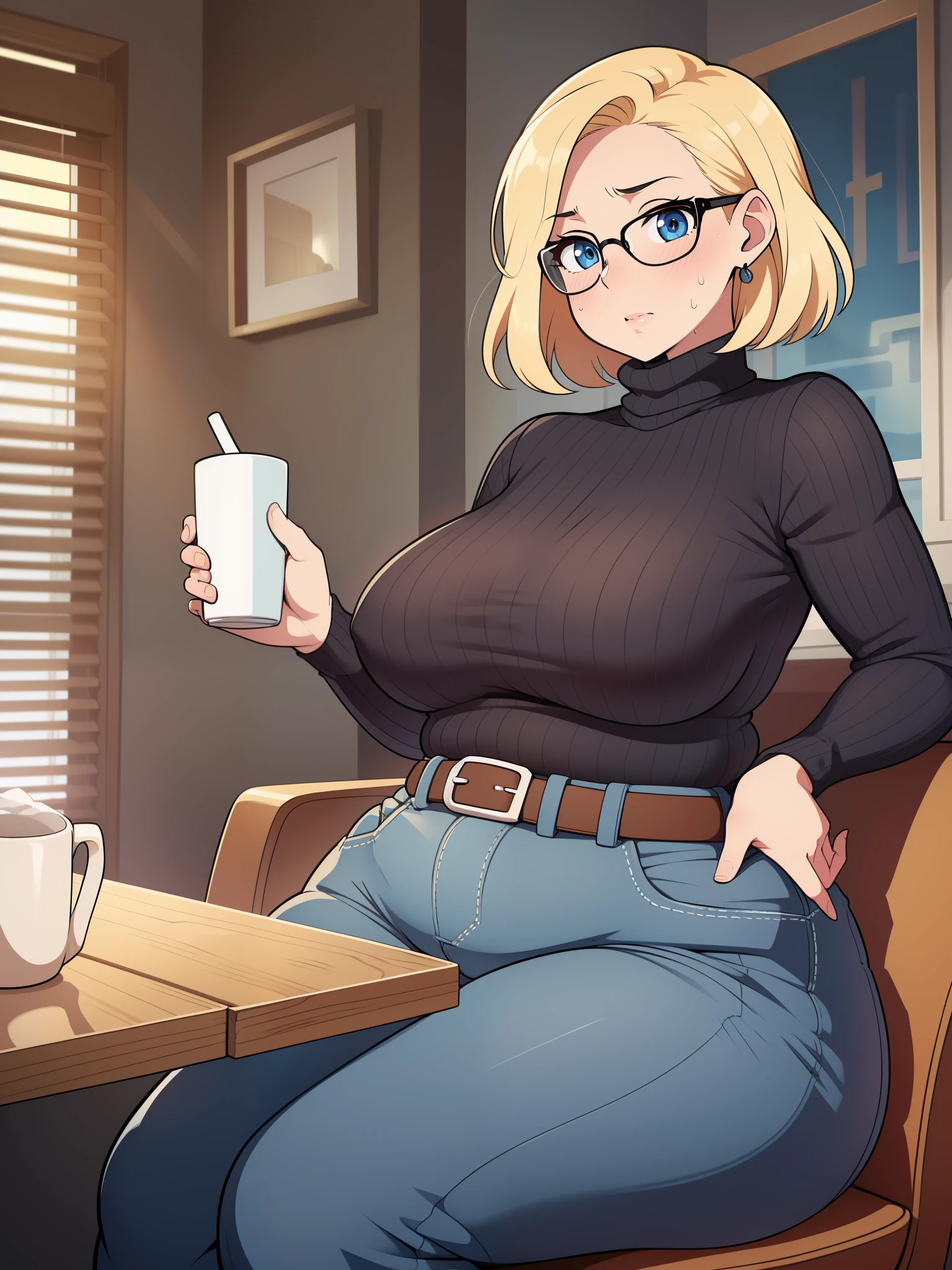 ((Masterpiece)), perfect anatomy, perfect shading, field of depth, (best quality), extremely delicate and beautiful, perfect lighting, detailed face, ultra cute face, cute, (cowboy shot 1.2), turned to the side, (((1girl))), ((solo)), looking at viewer,
short hair, fluffy hair, blonde hair, blue eyes, Glasses, ((Blush)), shy, nervous, sweating, (black turtleneck sweater 1.5), (jeans 1.2), belt, extremely tight clothes, large breasts, ((wide hips)), ((thick thighs)), ((chubby)), chubby belly
coffee shop, sitting, intricate background, detailed background,