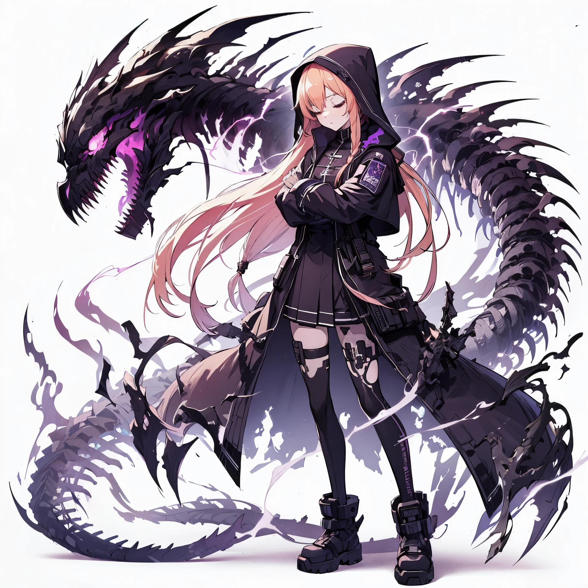 (Masterpiece, top quality), (perfect athlete body: 1.2), (detailed hair), super detailed, anime style, full body, solo, Cyberpunk ninja girl, light peach hair in a single braid, closed eyes, wearing nun’s habit, dark purple cyberpunk outfit, shaped by bones and shadows dragon as servants, sleepy standing, wearing hi-tech boots, standing wasteland, white background, full body, supernatural flame and Lightning,