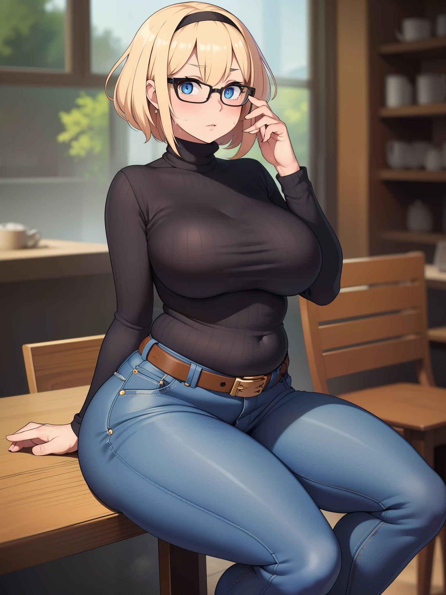 ((Masterpiece)), perfect anatomy, perfect shading, field of depth, (best quality), extremely delicate and beautiful, perfect lighting, detailed face, ultra cute face, cute, (cowboy shot 1.2), turned to the side, (((1girl))), ((solo)), looking at viewer,
short hair, fluffy hair, blonde hair, blue eyes, Glasses, ((Blush)), shy, nervous, sweating, (black turtleneck sweater 1.5), (jeans 1.2), belt, extremely tight clothes, large breasts, ((wide hips)), ((thick thighs)), ((chubby)), chubby belly
coffee shop, sitting, intricate background, detailed background,