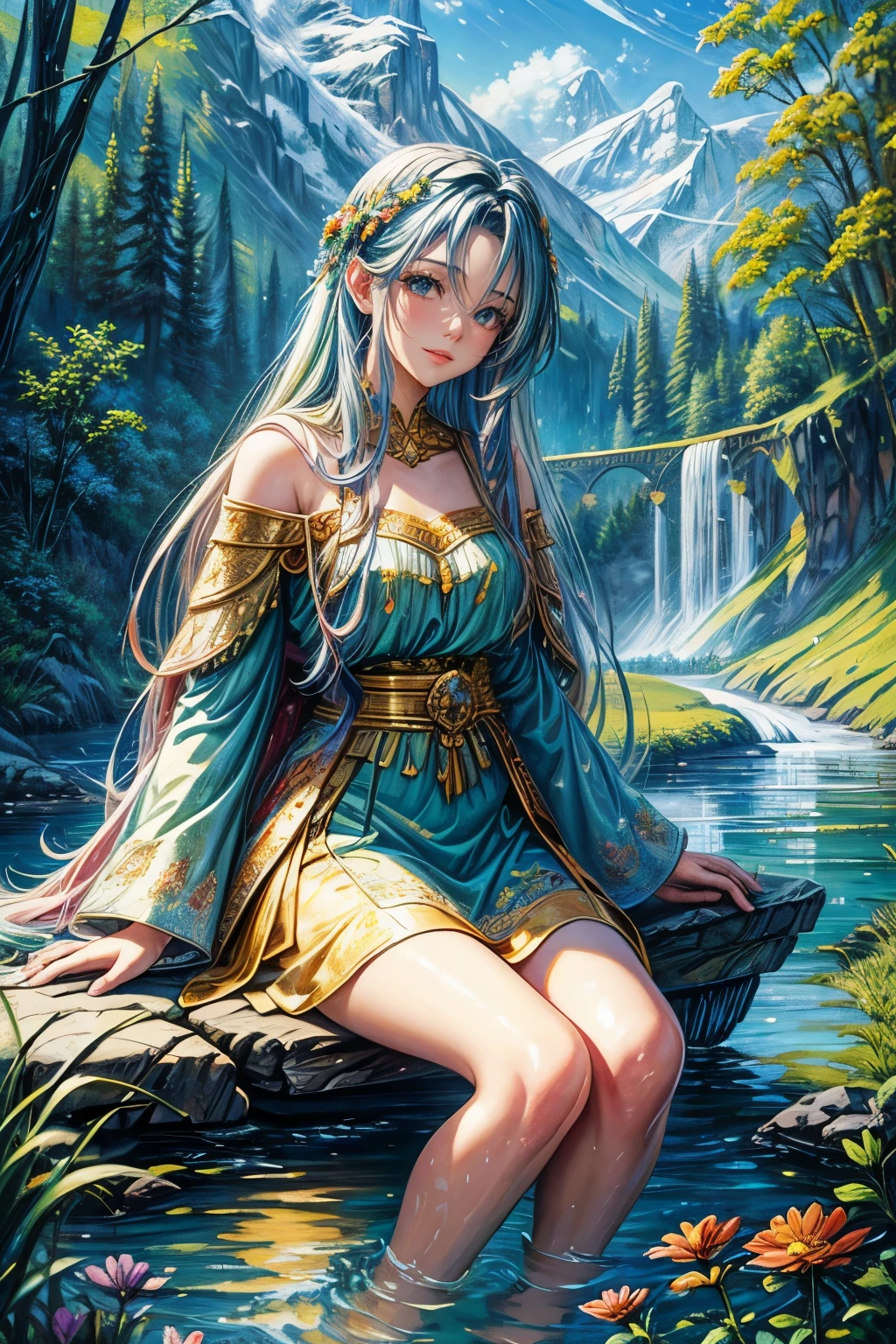 (detailed oil painting:1.2),vivid colors,vibrant scenery,serene atmosphere,colorful costume,flowing hair,, sparkling river, lush trees, peaceful meadows,delicate flowers,soft sunlight,playful breeze,majestic mountains,clear blue sky,realistic details,photorealistic style.