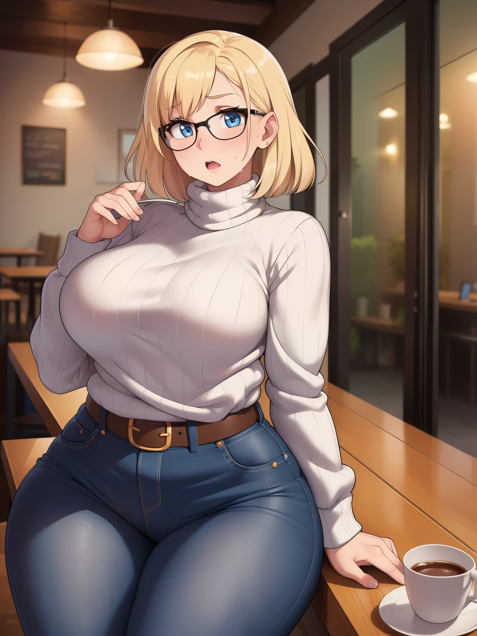 ((Masterpiece)), perfect anatomy, perfect shading, field of depth, (best quality), extremely delicate and beautiful, perfect lighting, detailed face, ultra cute face, cute, (cowboy shot 1.2), turned to the side, (((1girl))), ((solo)), looking at viewer,
short hair, fluffy hair, blonde hair, blue eyes, Glasses, ((Blush)), shy, nervous, sweating, (black turtleneck sweater 1.5), (jeans 1.2), belt, extremely tight clothes, large breasts, ((wide hips)), ((thick thighs)), ((chubby)), chubby belly
coffee shop, sitting, intricate background, detailed background,