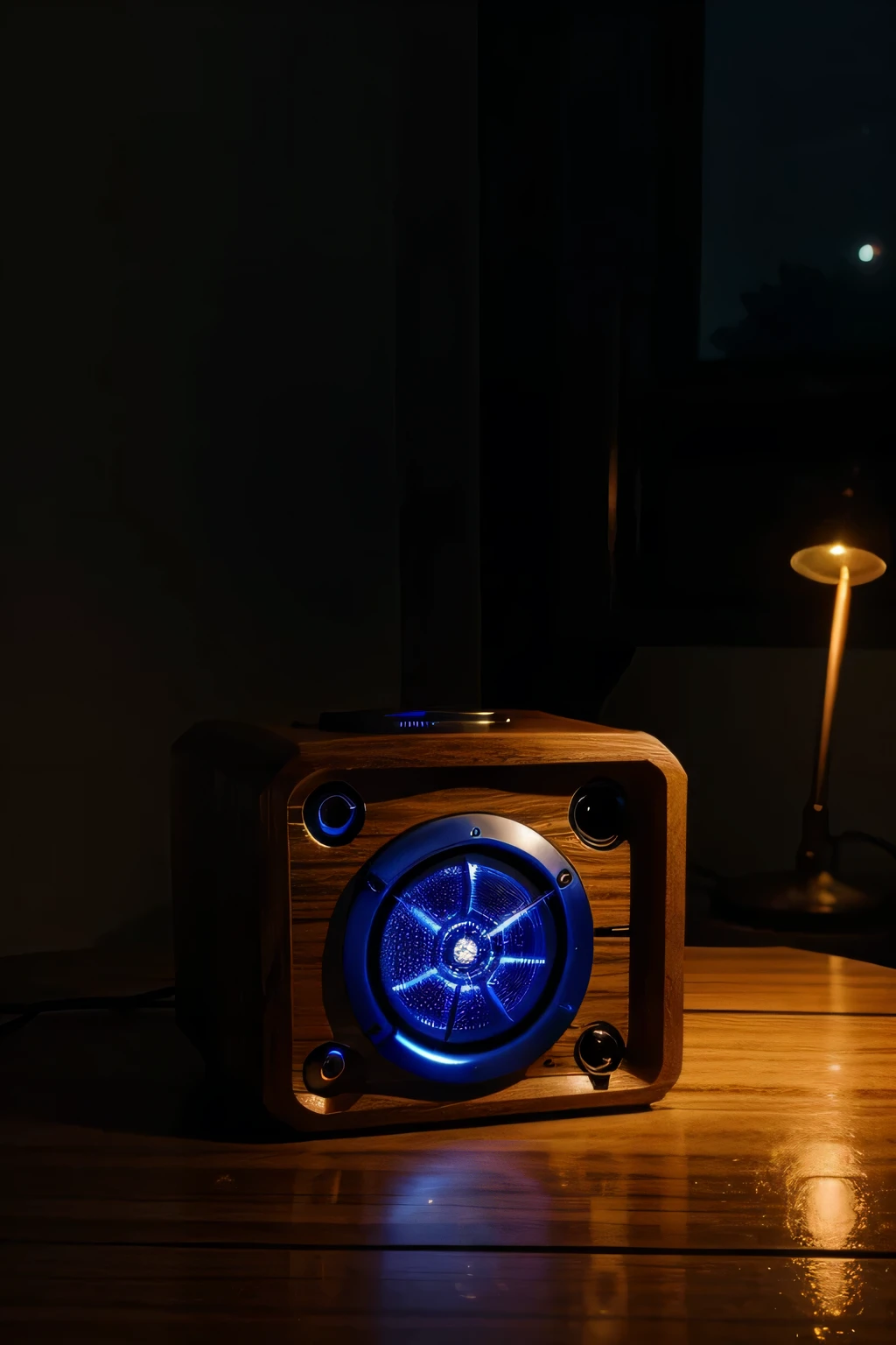 close view of a futurestic radio with glow on a wooden table in an open area at night