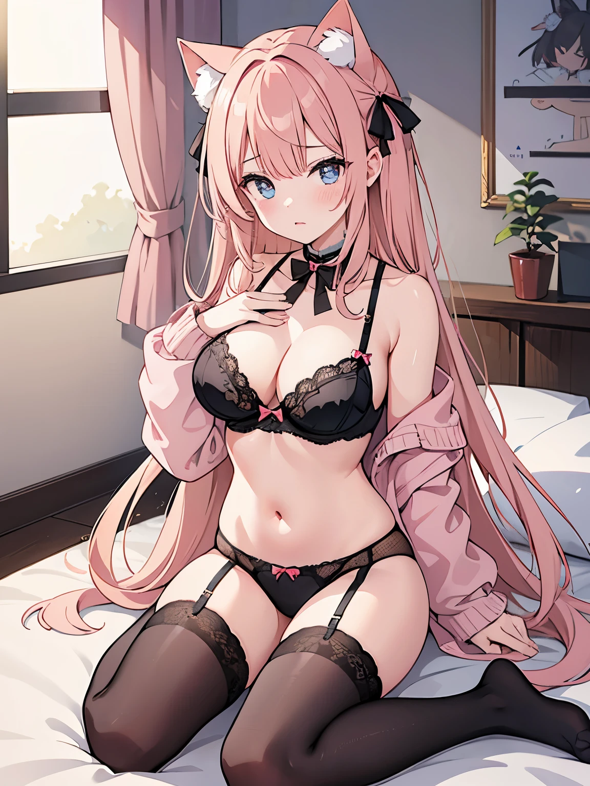 Top quality, super high resolution, beautiful eyes, cat ears (same color as hair), cat tail (same color as hair),garter_straps garter_belt, thighhighs, cleavage, {{{bow bra(salmon pink)}}},{{{bow panties(salmon pink)}}}, {{{bra(salmon pink)}}}, {{{panties(salmon pink)}}}, lace-trimmed bra(black), lace-trimmed panties(black), lace trim(black),, {embarrassed},on bed,wariza,yokozuwari,hand between legs,sitting,