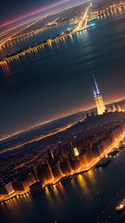 An aerial view of New York City at night, avec tous les gratte-ciel illuminés.
