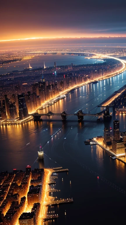 An aerial view of New York City at night, avec tous les gratte-ciel illuminés.