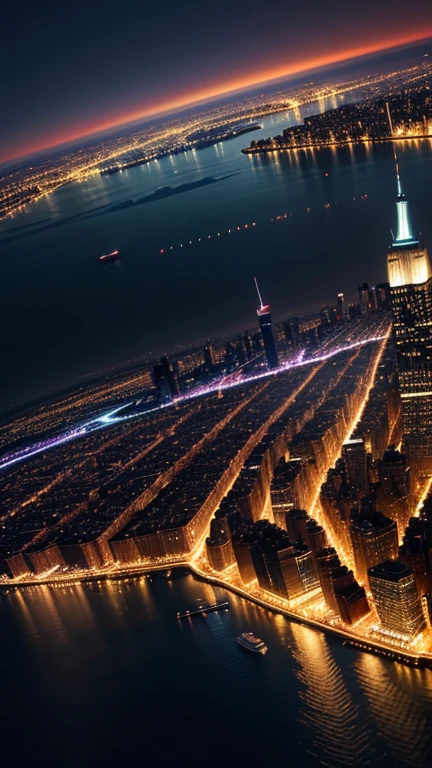 An aerial view of New York City at night, avec tous les gratte-ciel illuminés.