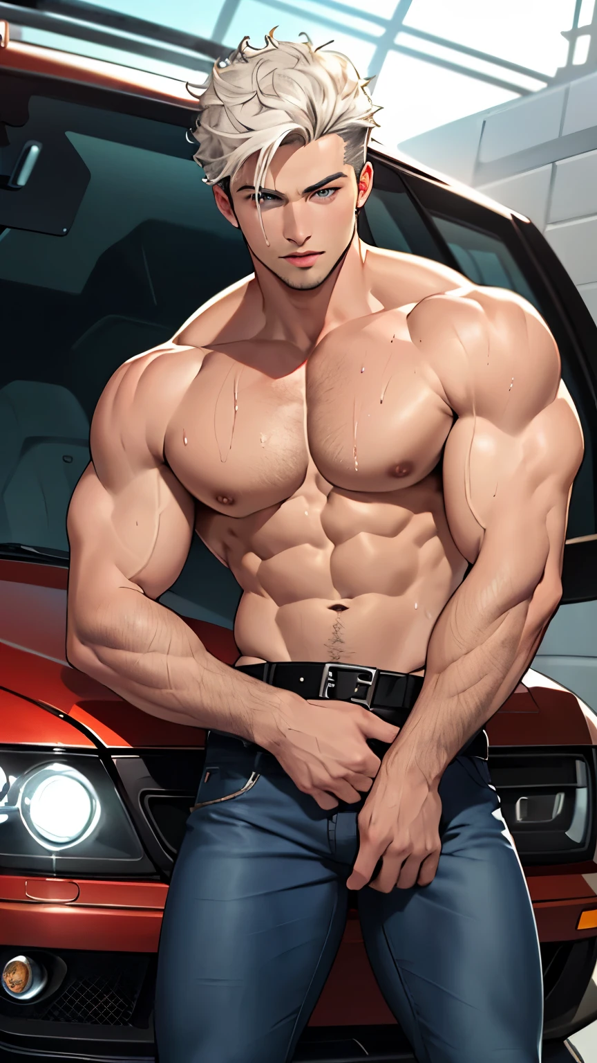 ((best quality)), ((Masterpiece)), (details), perfect face,high definition,Masterpiece,4k,details clearly,,,Handsome face,white skin,perfect body,male body,strong muscles,Abdomen muscles are wavy....,abdomen,blue eyes,white skin,The most handsome man in the world,handsome,,The coolest face,Male characters,challenge,Show off your body,Strong breasts,beautiful eyes,Look clearly.,sexy male underwear,strong legs,wet body,Show off your arm muscles,luxurious,crystal,millionaire,Ratchawong House,luxurious,Show off your arm muscles,black jeans,luxury car,sport car,Coolest car,shirtless,curly hair,pose on car,luxury belt,perfect hands,perfect eyes,garage