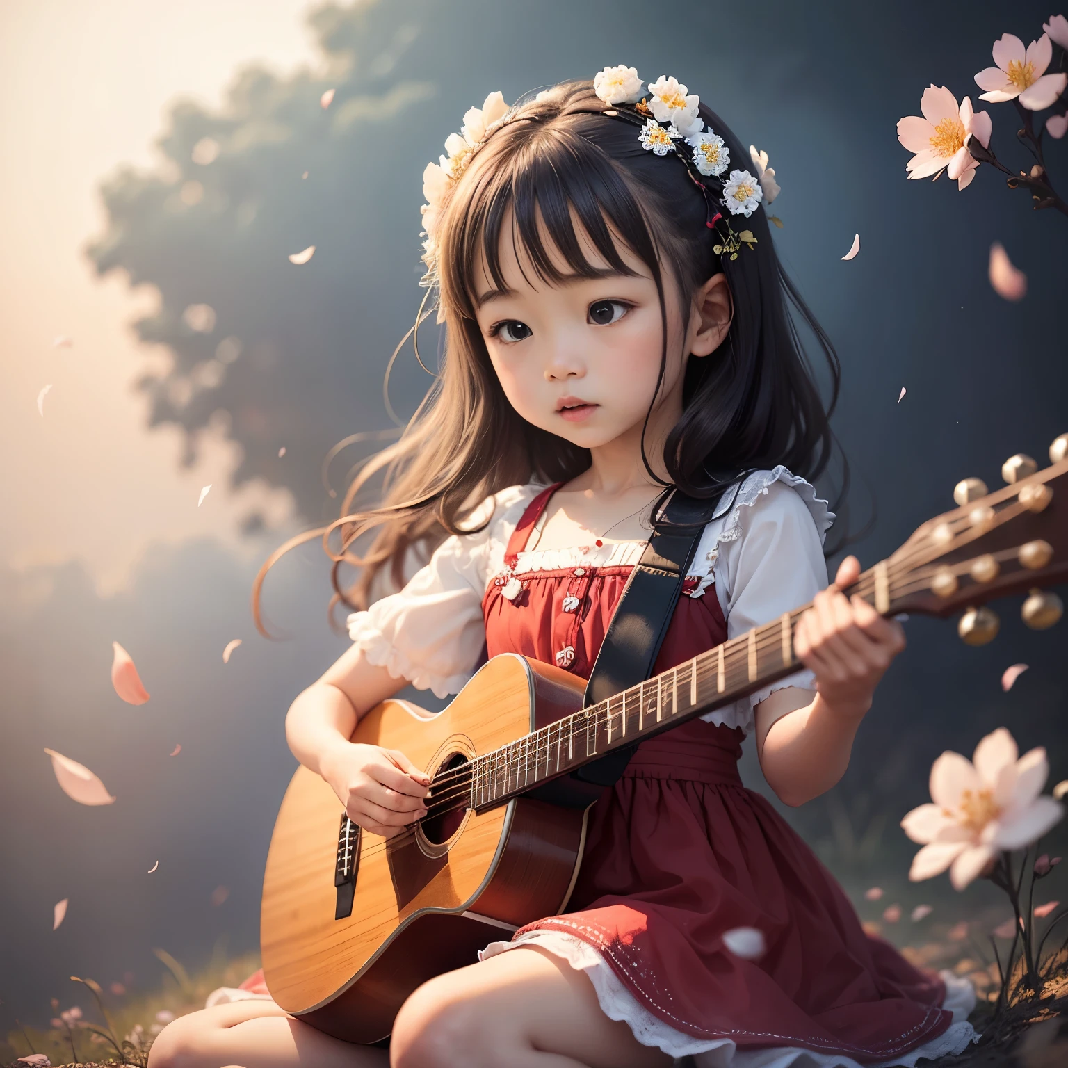girl, wears with a red dress, Sing with a guitar, little white blossoms are falling all over the sky,