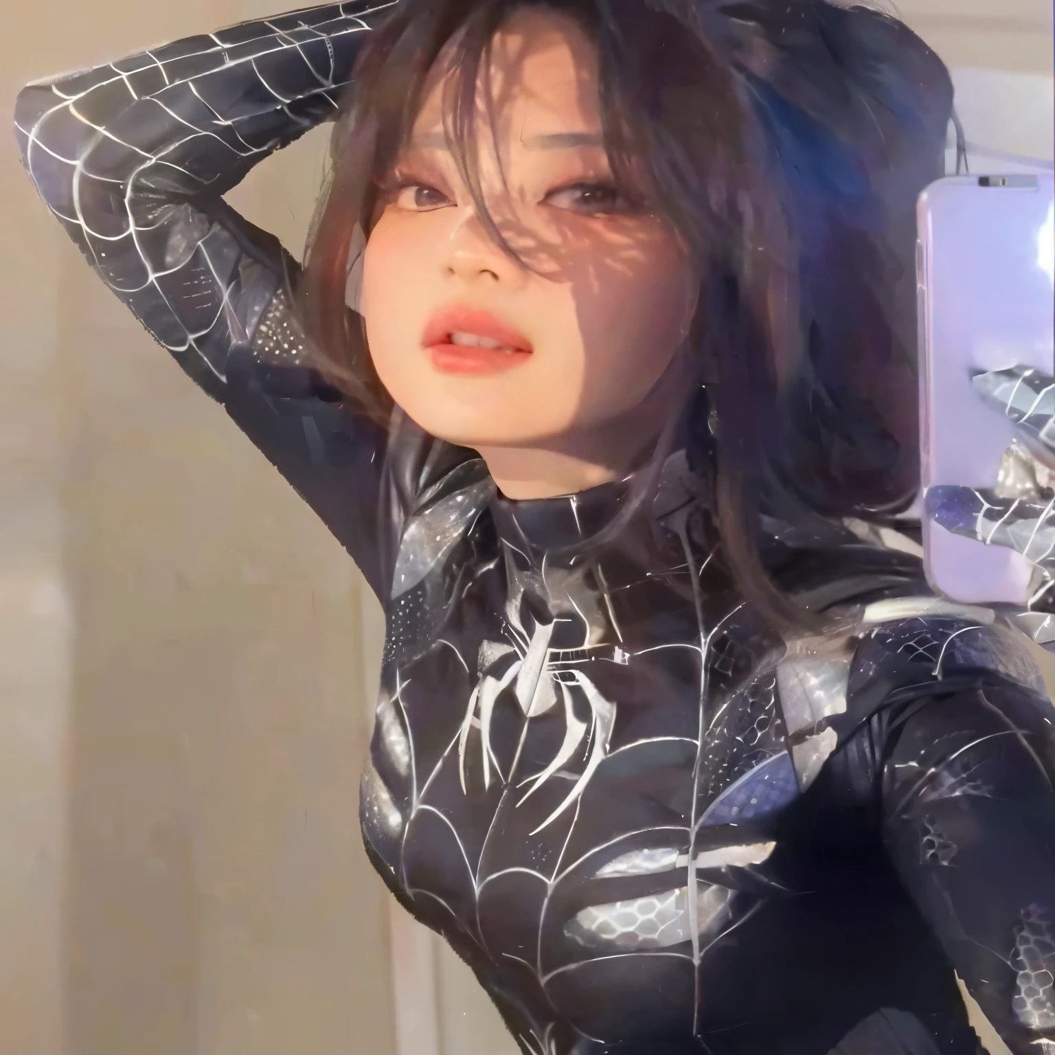 mulher arrasada em um traje de aranha tirando uma selfie no espelho, iu lee ji-eun as a supervillain, ( ( mulher aranha ) ), Park Shin Hye como um supervilão, Mulher aranha, jennie blackpink, mulher aranha!!, mulher aranha!!!!!, dilraba dilmurat, bae suzy, Ele concorda, vestindo terno apertado