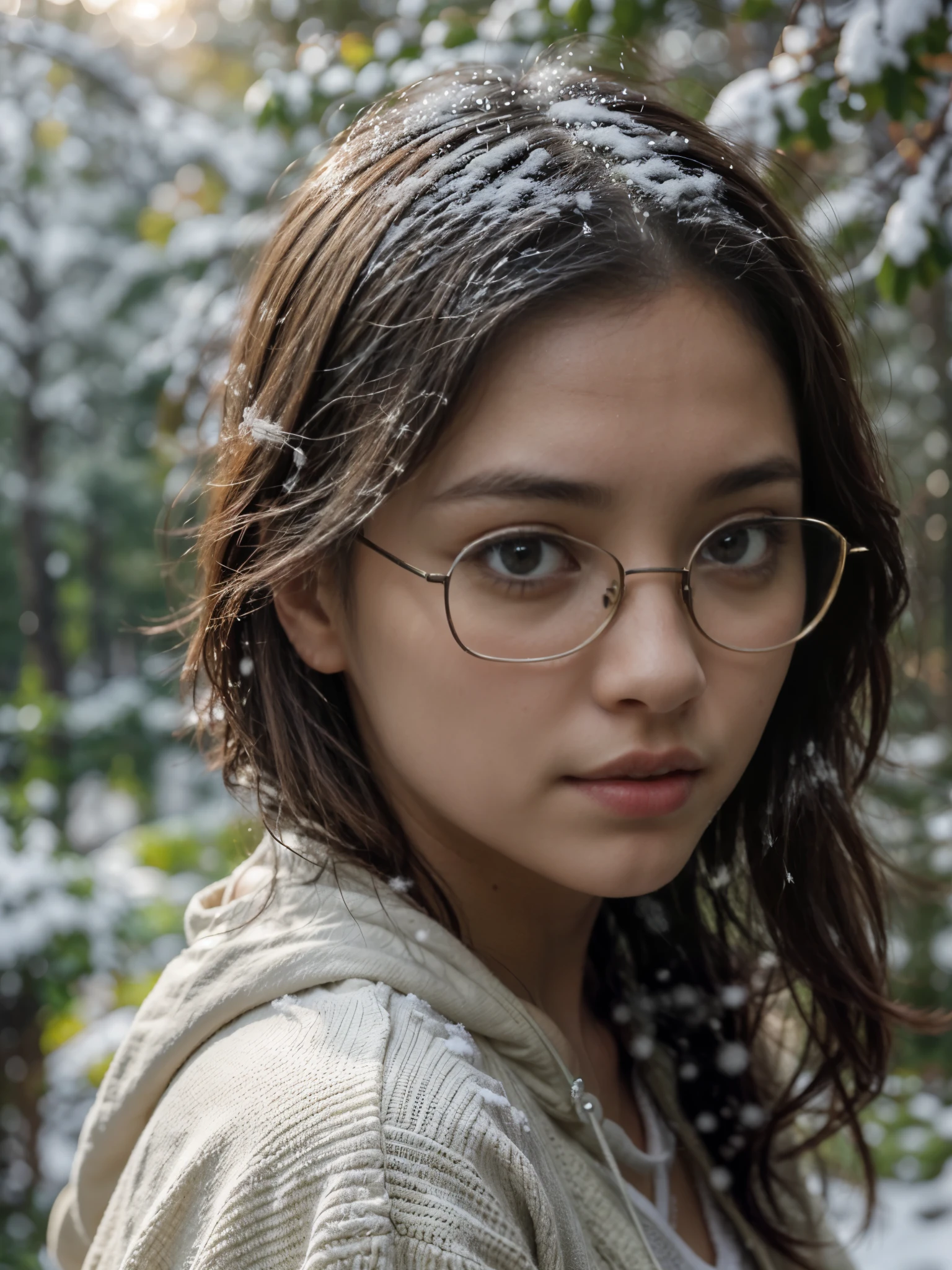 Photorealistic, (close up:1.2), low angle, (seen from below:1.1), a japanese young girls with hood, (wearing nothing:1.2, bottomless), stylish yellow glasses, a hyperrealistic beautiful young girls with natural sagging breast, high detailed official artwork, beautiful girls with slim fit body and busty posture, attractive young girls (seductive poses:1.3, crossed arm hold on the breast), at bench in the natural forest with (snow:1.2), natural background, dubnitskiy david fanart, realistic portrait, smooth photorealistic, perfect visual of a cute girls, cute girls with skinice soft face, look at viewers, makoto shinkai and artgerm, photon mapping, natural light, greeney tones, vivid colors, playful ambient, foggy atmosphere