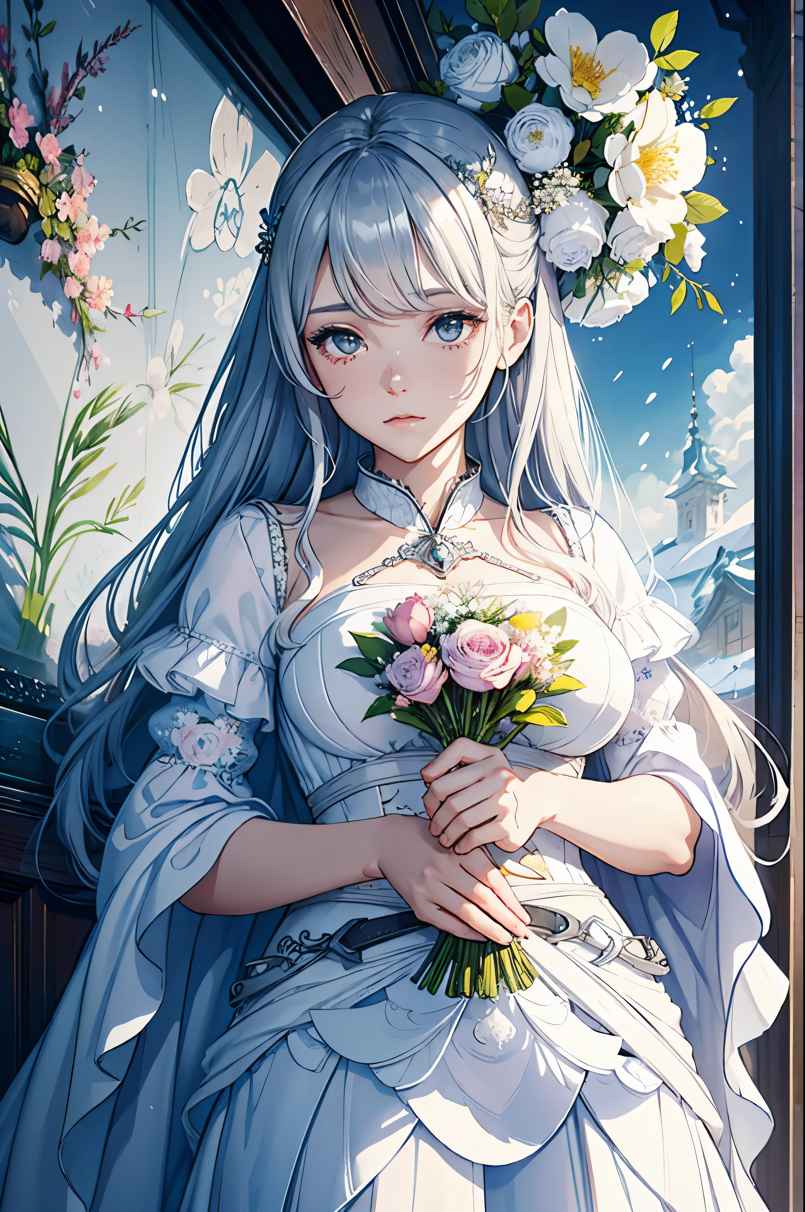 a beautiful woman holds blooming flowers, in the style of kawacy, white and silver, sam spratt, snow scenes, exaggerated nobility, comic art, artgerm