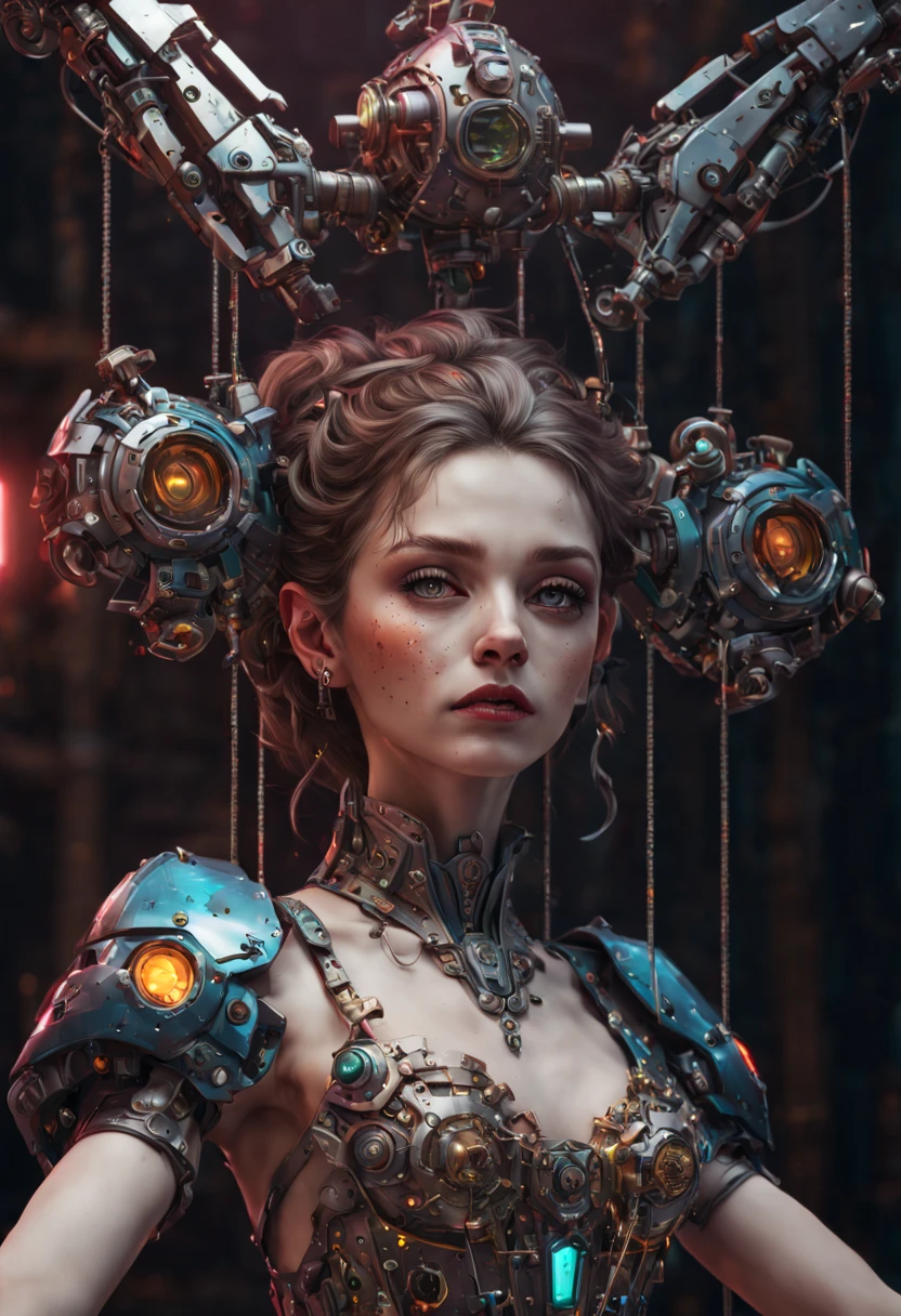 Mechanical Puppet, aesthetic, Cute, sparkling female ballerina puppet on strings at a Russian theatre. Highly detailed, photorealistic, 8k resolution. Intricate details, HDR, beautifully shot, hyperrealistic, sharp focus, megapixels, perfect composition, high contrast, cinematic, moody. graffiti art, splash art, street art, spray paint, oil gouache melting, acrylic, high contrast, colorful polychromatic, ultra detailed, ultra quality, CGSociety, intricate mech details, ground level shot, 8K resolution, Cinema 4D, Behance HD, polished metal, Unreal Engine 5, rendered in Blender, sci-fi, futuristic, trending on Artstation, epic, cinematic background, dramatic, atmospheric