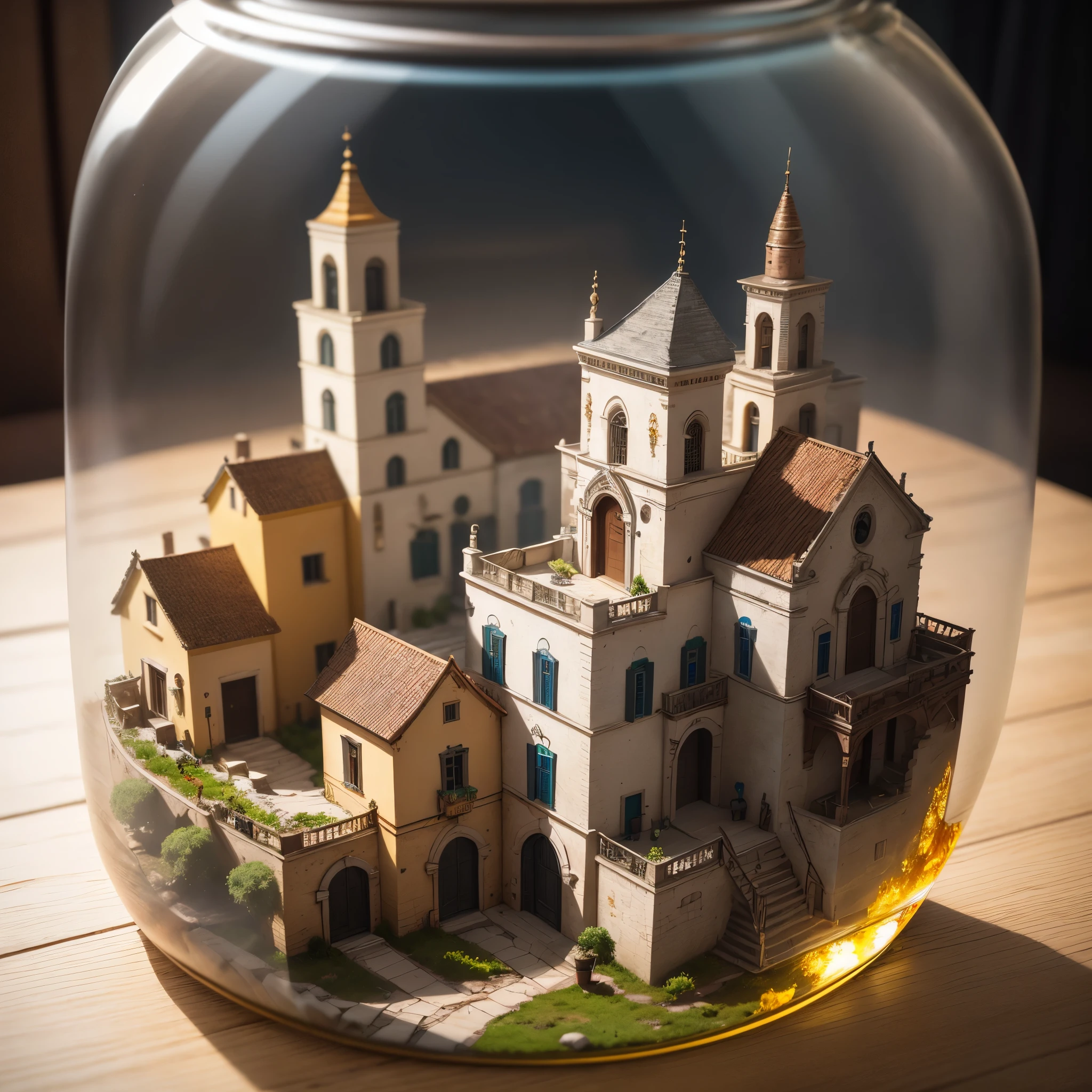 mini\(ttp\), (8k, RAW photo, best quality, masterpiece:1.2), matera city tucked inside a square glass jar with lid, isometric, miniature, landscape, placing on the windowsill, extremely detailed, 8K, apocalyptic punk style, miniatures, macro photography in close-up 