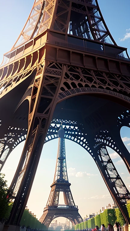 The Eiffel Tower in Paris, vue de dessous, avec les gens se promenant sur le sol en dessous.