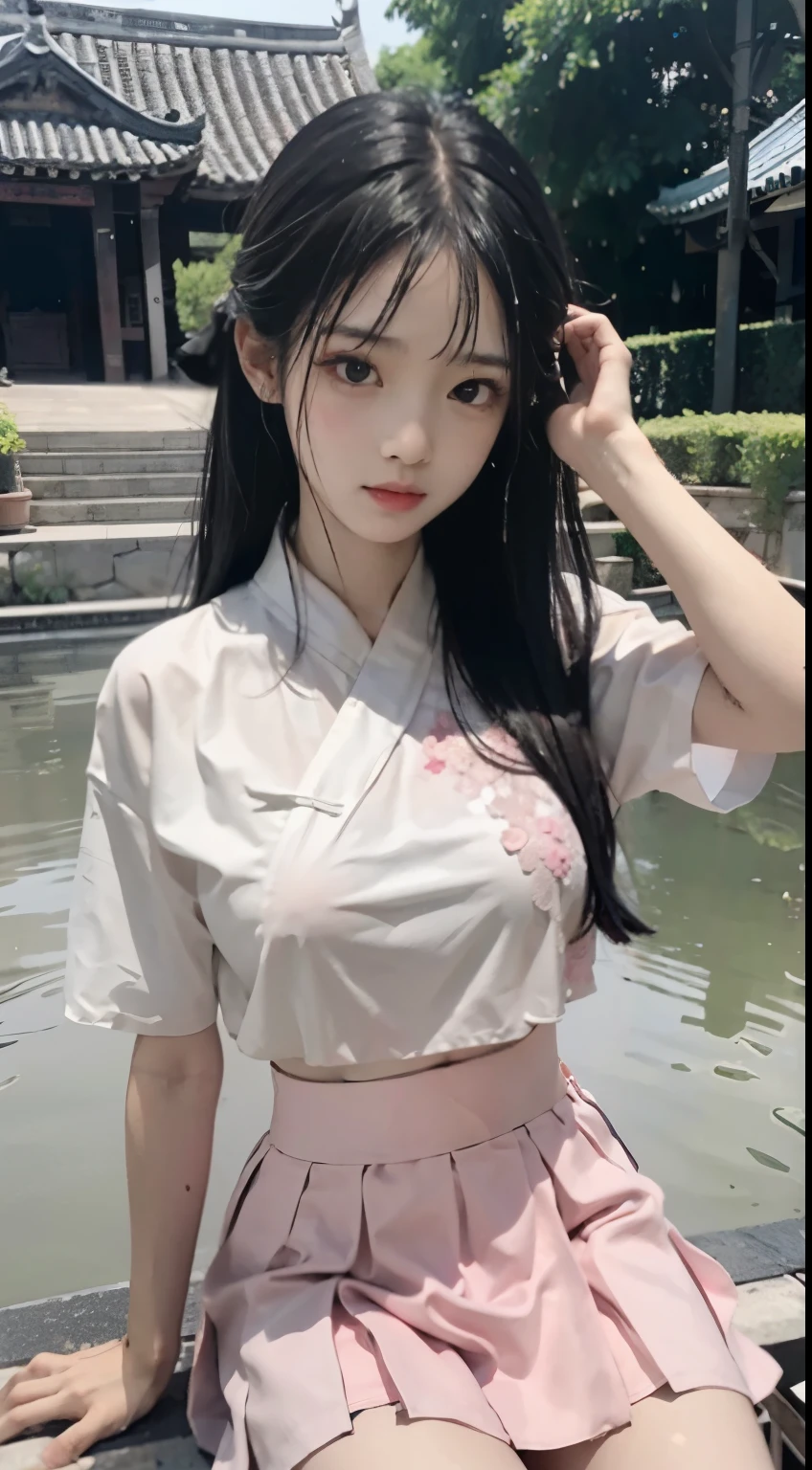 Master quality, highest quality, best picture quality, exaggerated details, a cute 8 year old asian with a shy expression, slightly squinted eyes, adjusting her hair, long eyelashes (long hair / very, very exaggerated big breasts _ tits / in hanfu chinese very wet body, thin cloth embossed pattern, short skirt), posing sit in front of the camera, wet throught rain, very wet body, thin cloth embossed pattern, pink