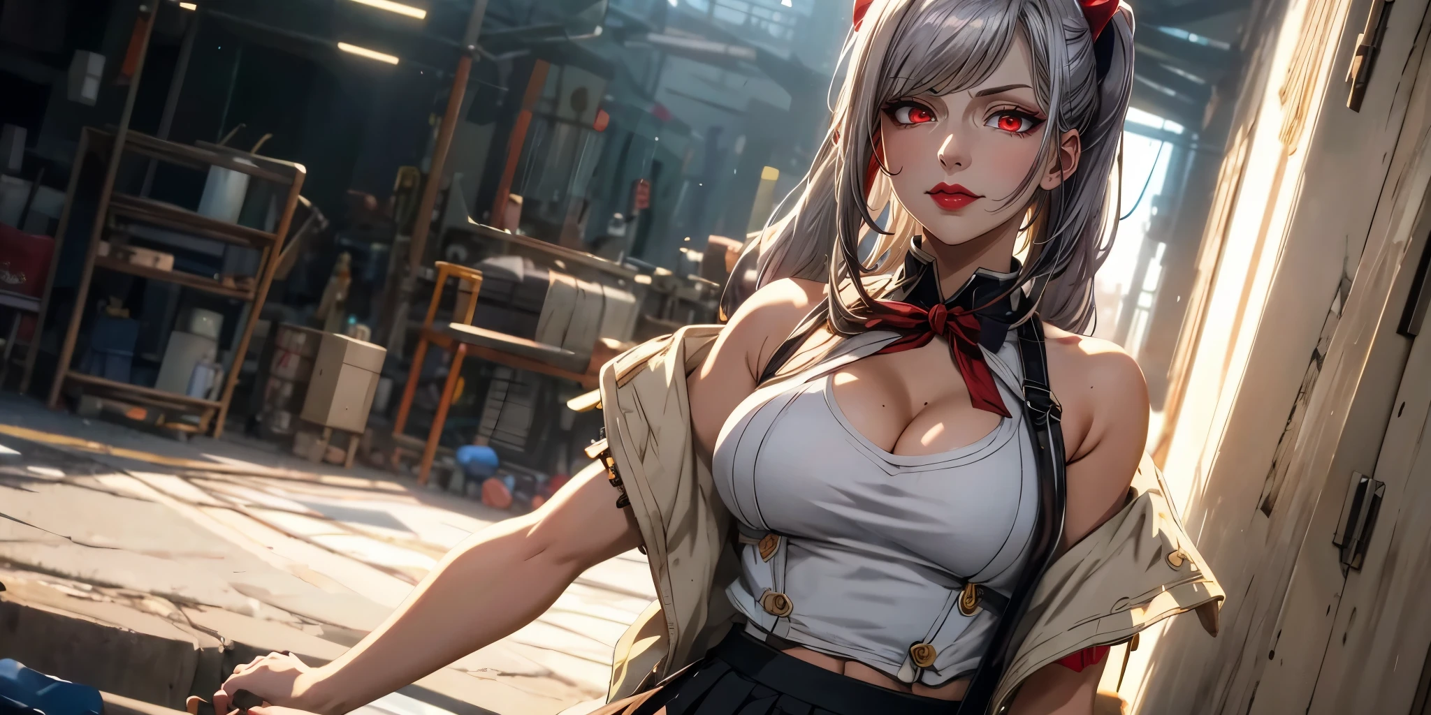 silver hair, twintail, bow, red eyes, breasts, epic art, fantasy, breasts, solo_focus, tank_top, large_breasts, cleavage, indoors, looking_at_viewer, black_skirt, upper body, glow effects, godrays, Hand drawn, render, 8k, octane render, cinema 4d, blender, dark, atmospheric 4k ultra detailed, cinematic, Sharp focus, big depth of field, Masterpiece, colors, 3d octane render, 4k, concept art, trending on artstation, hyperrealistic, Vivid colors, extremely detailed CG unity 8k wallpaper, trending on CGSociety, Intricate, High Detail, dramatic, anime coloring, anime screencap, steaming body, fog, heavy breathing, nsfw art,