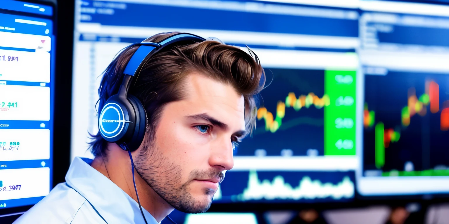 a picture of a man with a headset looking at a computer screen displaying stock charts, trading, Traders, trading stocks, technical, trending on Markets, center focused, high quality screenshot, man , 🚀🚀🚀, a majestic and epic degen trader, very focused, Professional business atmosphere, capture, contemplate, Stock footage, Markets, Matrix LUT